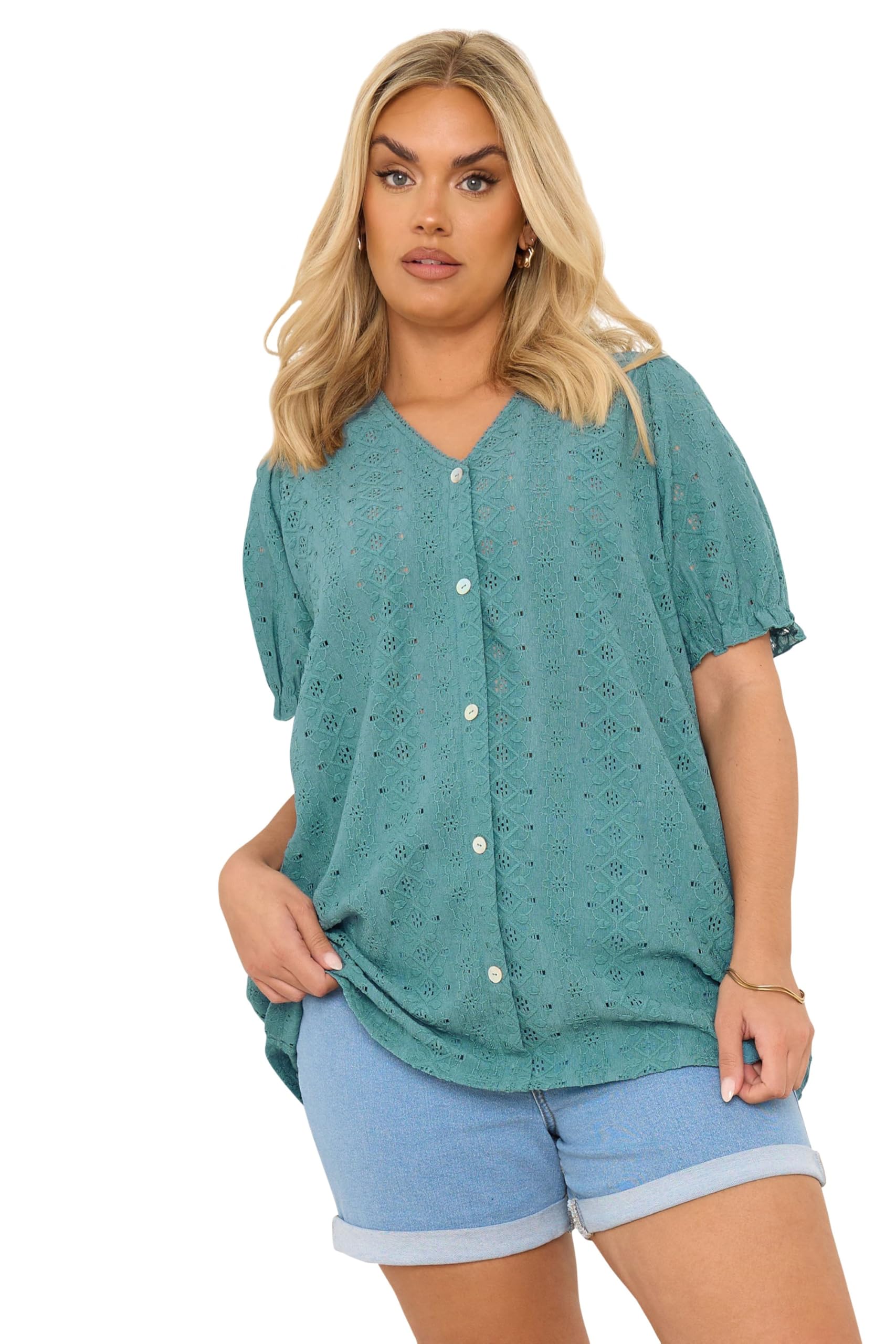 Yours Women's Broderie Anglaise Puff Sleeve Blouse - Blue - Size 22-24