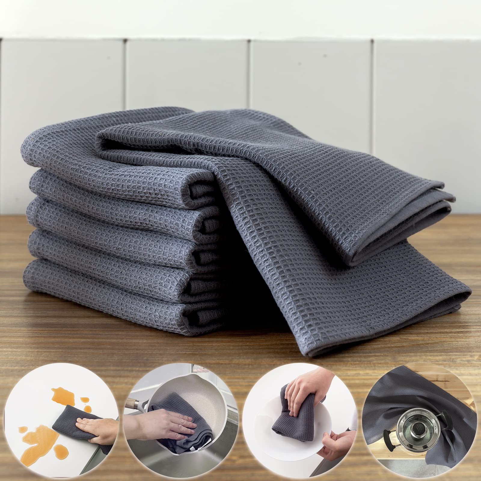 QUILTINA Geschirrtücher-Set, 100 % Baumwolle, Waffelgewebe, Küchentücher, 6 Stück, 43,2 x 63,3 cm, super saugfähig zum Trocknen und Reinigen, Dunkelgrau