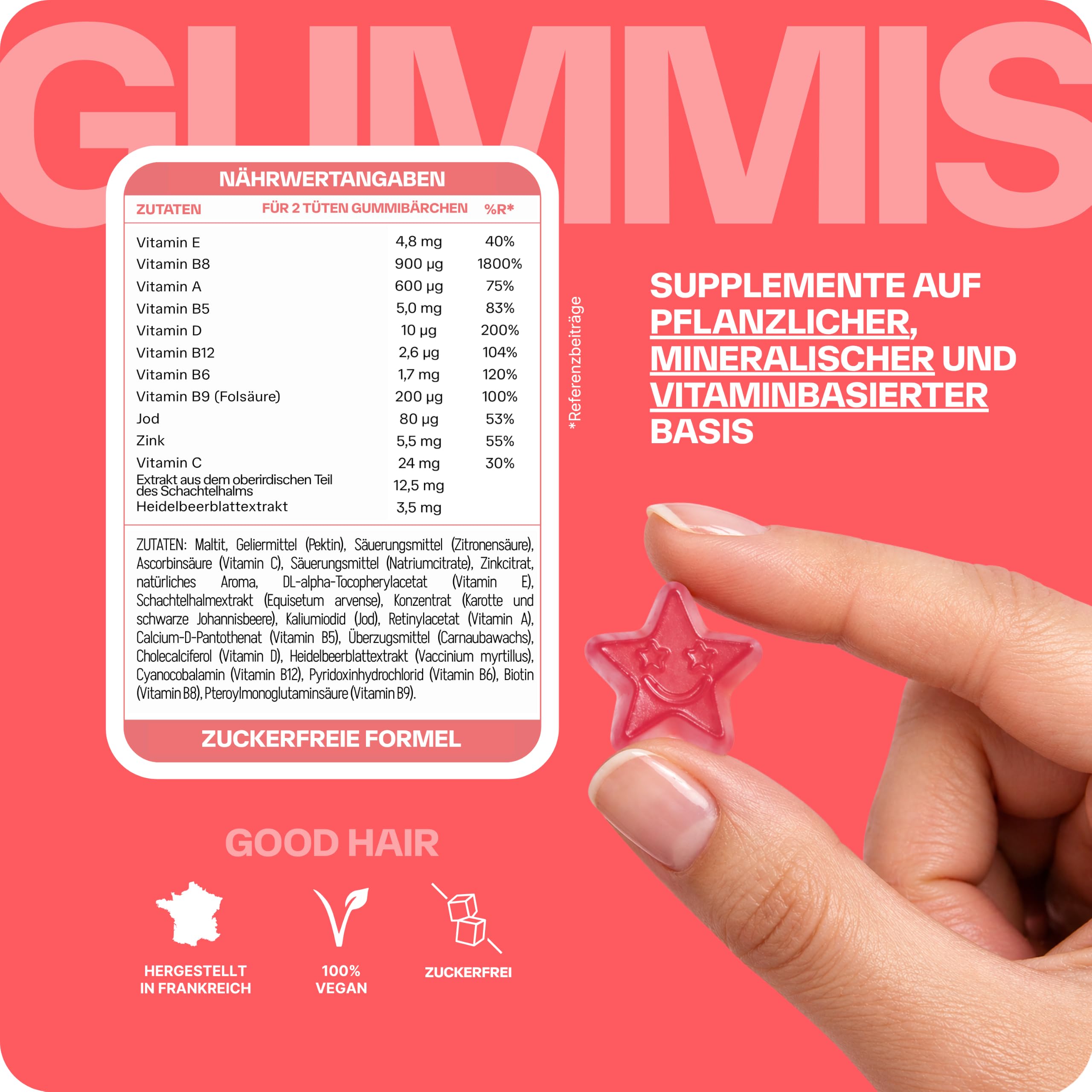 Lashilé Beauty Good Hair – Nahrungsergänzungsmittel für Haare mit Biotin, Zink & Folsäure – Haarwachstum & Kräftigung – Vegan, Zuckerfrei – 60 Tage-Kur, 120 Gummis