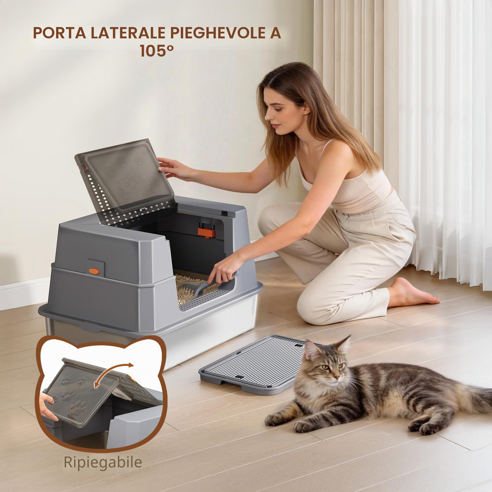 Lettiera Acciaio Inox Gatto con Coperchio, XXXL Lettiera Gatto Chiusa, 70 x 50 x 45 cm, 105° Coperchio Pieghevole, Include Pedale e Paletta, Facile da Pulire, Design Modulare, Grigio Scuro