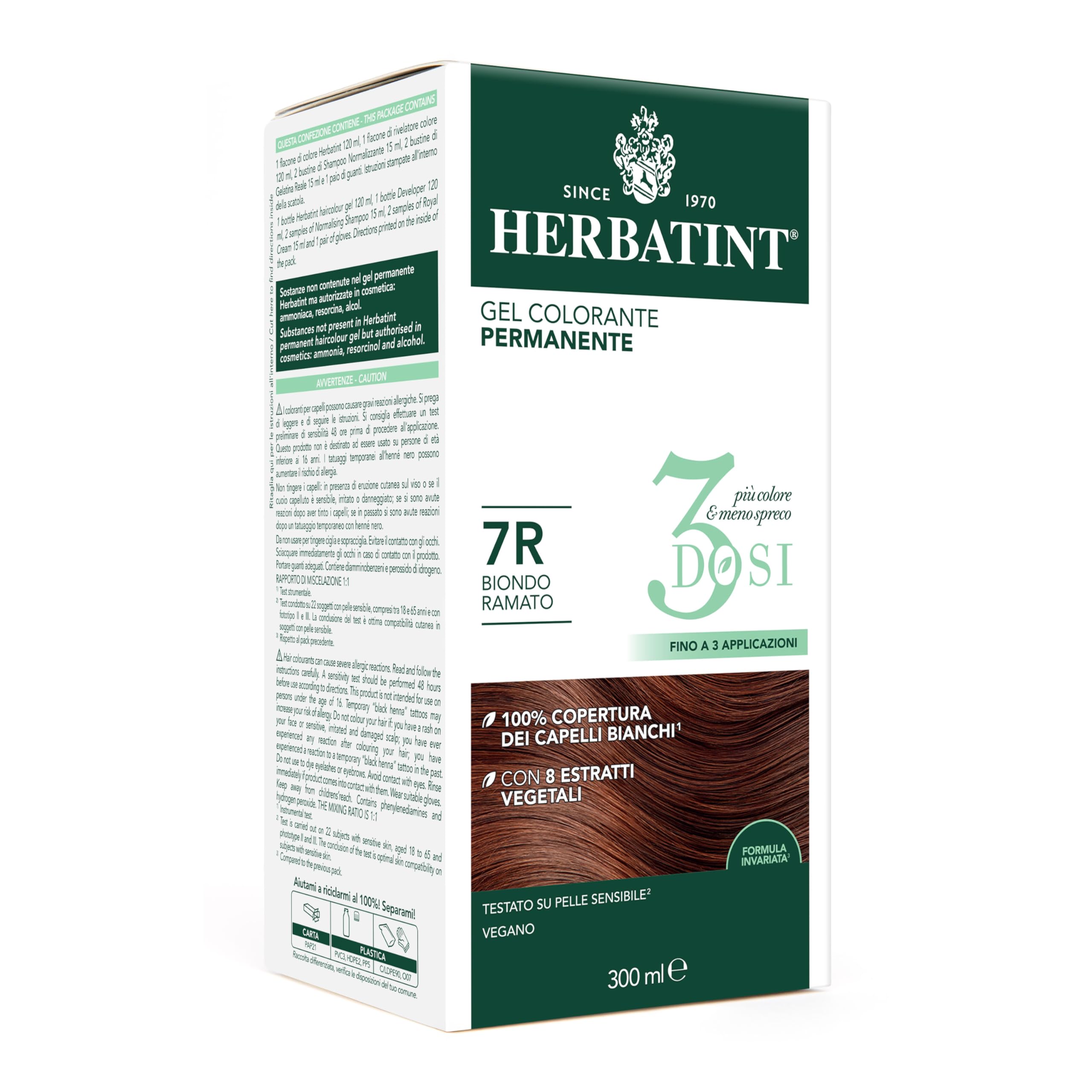 Herbatint Permanent Colour Gel 3 Cans 300ml - 7R Copper Blonde No Ammonia for Sensitive Skin 100% Coverage for White Hair with 8 Natural Organic Extracts