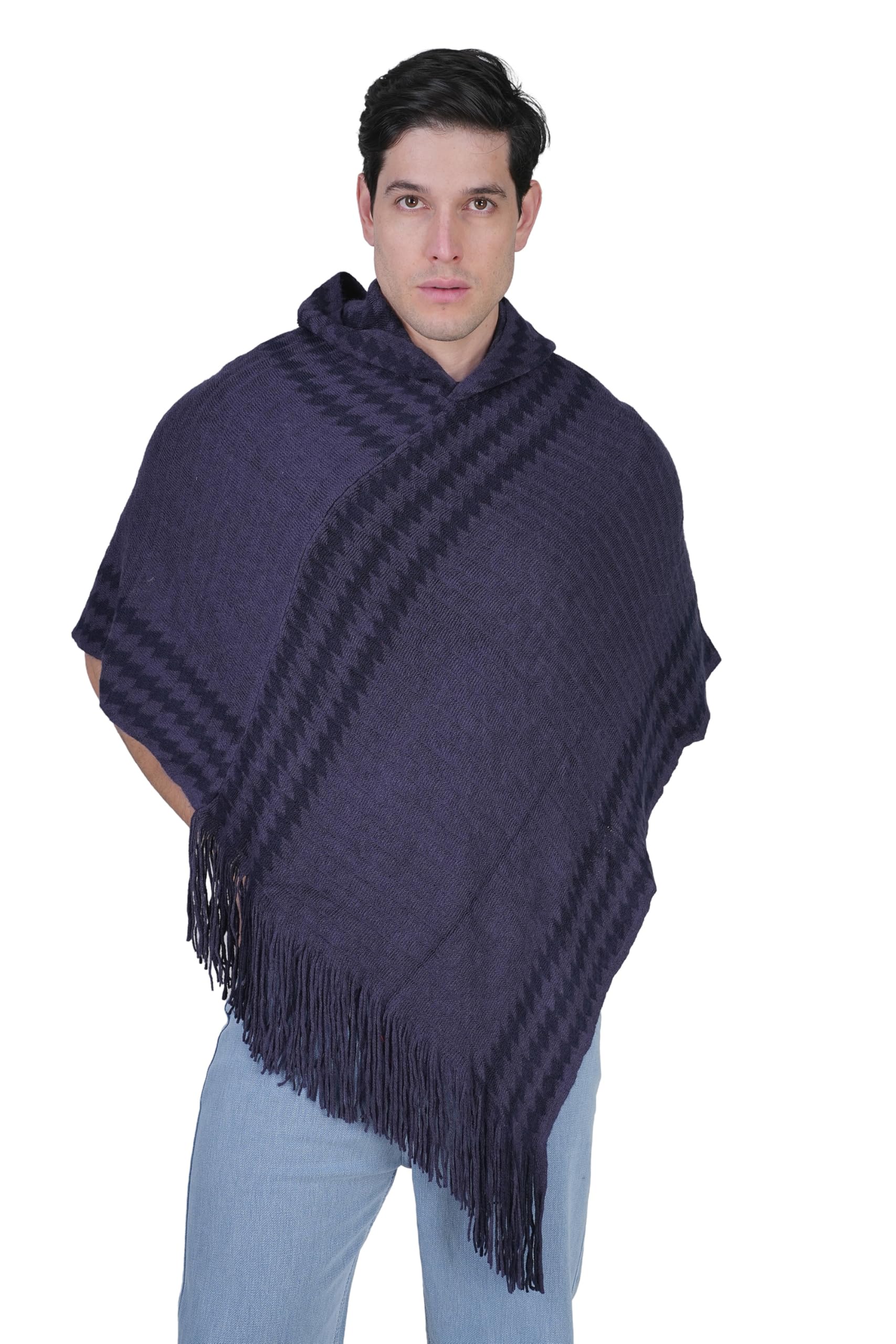Men's Woolen Hooded Neck Solid Frill Poncho with Cap for Winter, Warm and Soft Wool, Stylish and Comfortable, Perfect for Casual Wear, Outdoor and Travel, Gifting (M, NAVY BLUE)-image-6