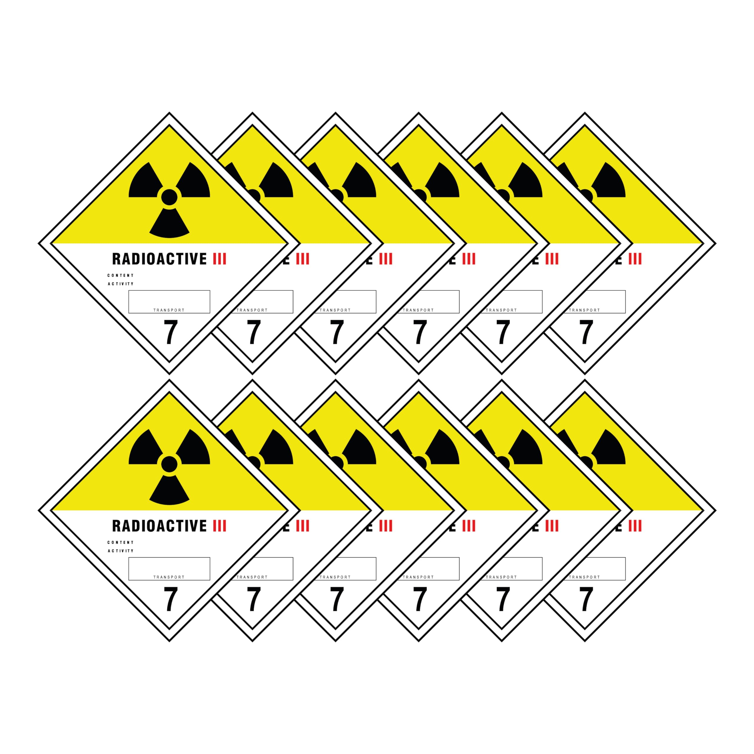 Radioactive III 7 Hazard Diamond Multi Pack 100mm x 100mm Strong Adhesive Vinyl Stickers for Safety (12)