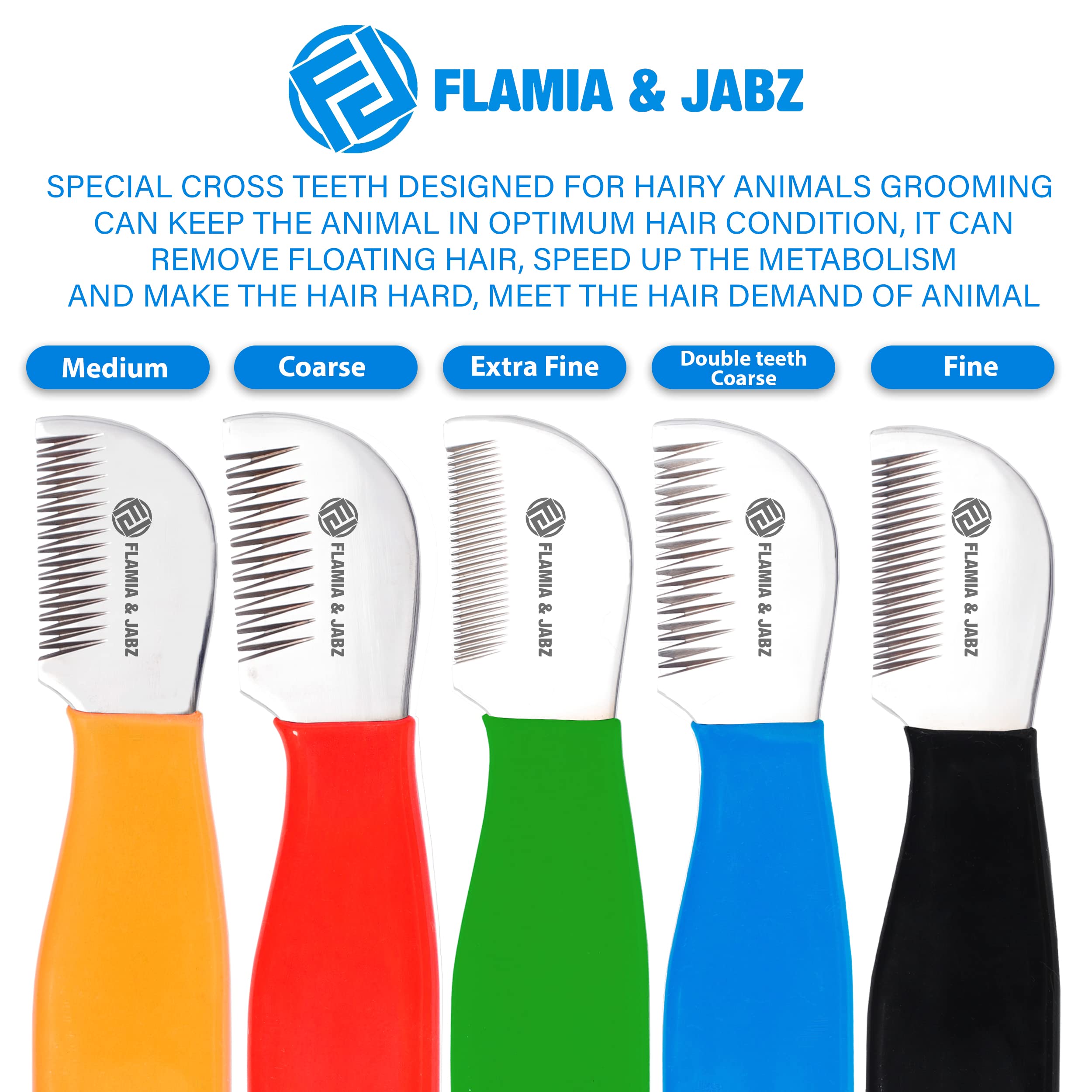 FLAMIA & JABZ Professionelles Fellpflegemesser-Set für Hunde mit Kreuzzähnen (5-teiliges Set mit Rechtshänder-Abisolierwerkzeugen mit weichem PVC-Griff und glänzenden Edelstahlklingen)