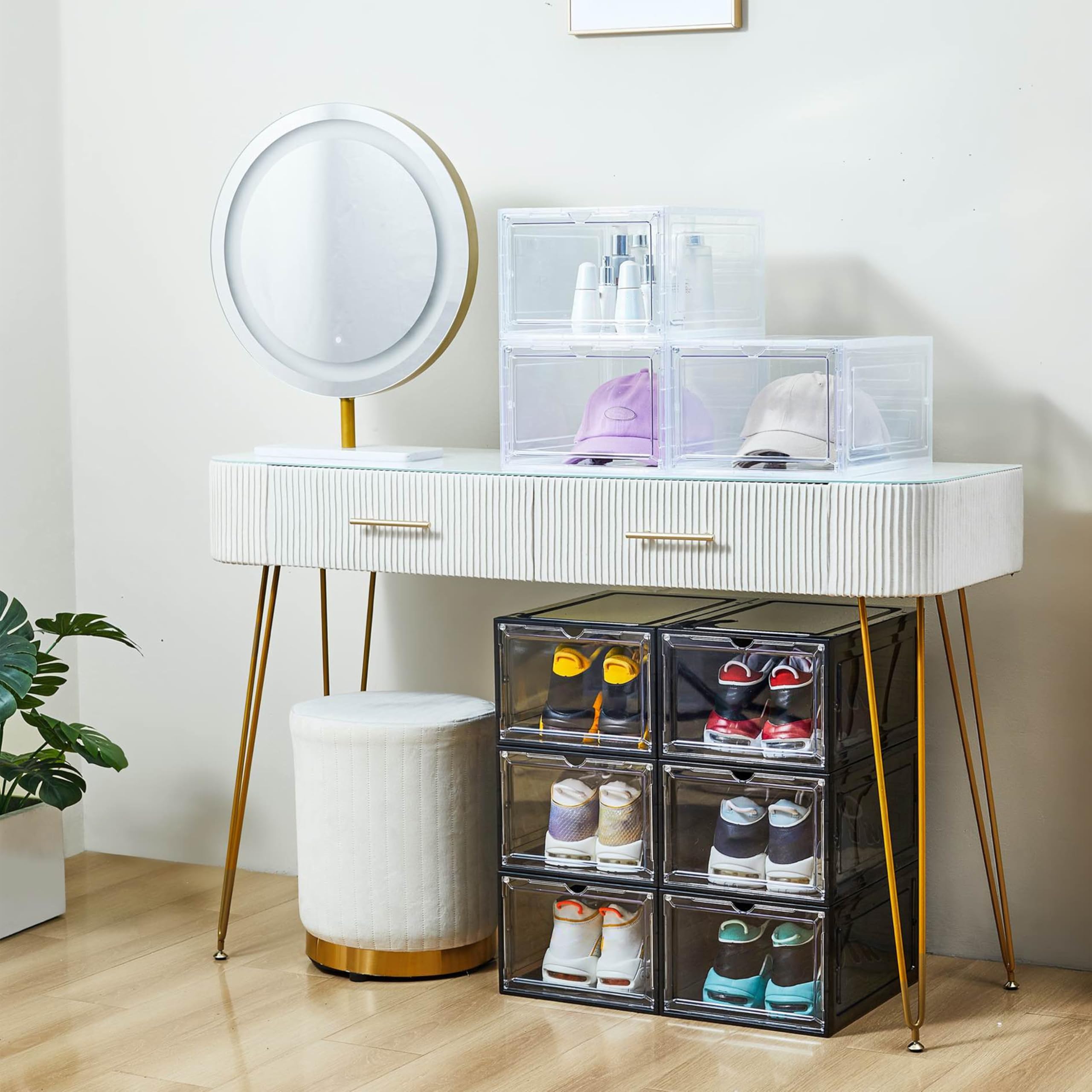 ZLLZUU Cajas de almacenamiento organizadoras de zapatos, paquete de 6 cajas de zapatos grandes con puerta magnética, contenedores apilables de plástico transparente (negro)