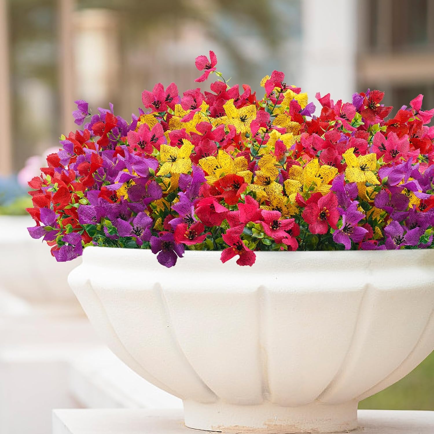 Artificial Faux Plants Flowers Outdoor Spring Summer Decoration, 12 Bundles Fake Silk Colorful Daisy Eucalyptus Realistic UV Resistant for Outside Home Planter Porch Yard Decor (Mix) - Image 5