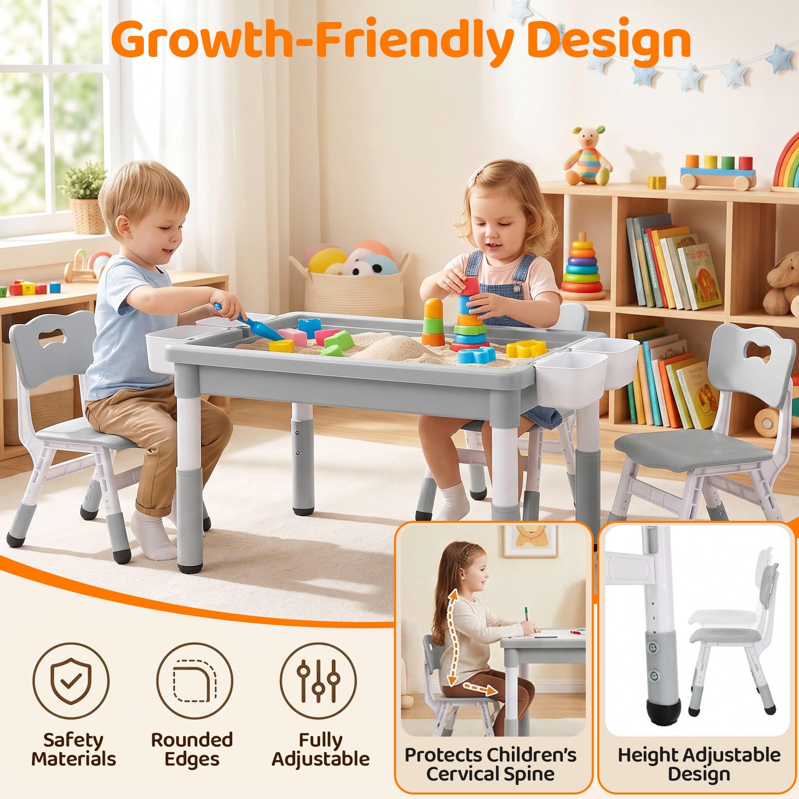 MAMIZO Kindertisch mit 2 Stühlen, kindertisch stauraum & Wendeplatte,Grau | Tisch Stuhl höhenverstellbar & 88 x 63cm Graffiti-Tischplatte & Baustein Tisch Stuhl Set ,Aktivitätstisch Kinderzimmer Schule