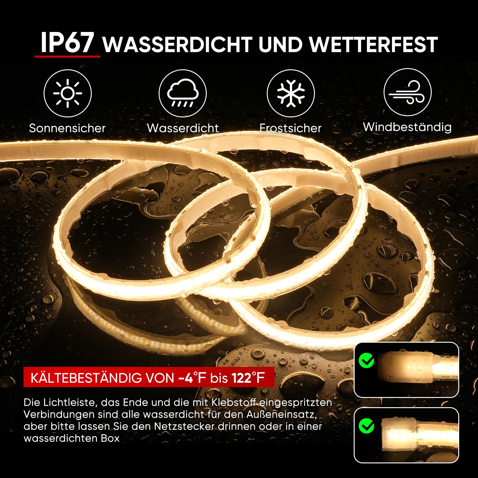 Shine Decor COB LED Streifen 5m, AC 230V IP67 Wasserdicht Flexible LED-Neon Lichterketten, 432 leds/m Ultrahelle Strip Light Band für Innen Außen Beleuchtung (3000K Warmweiß)