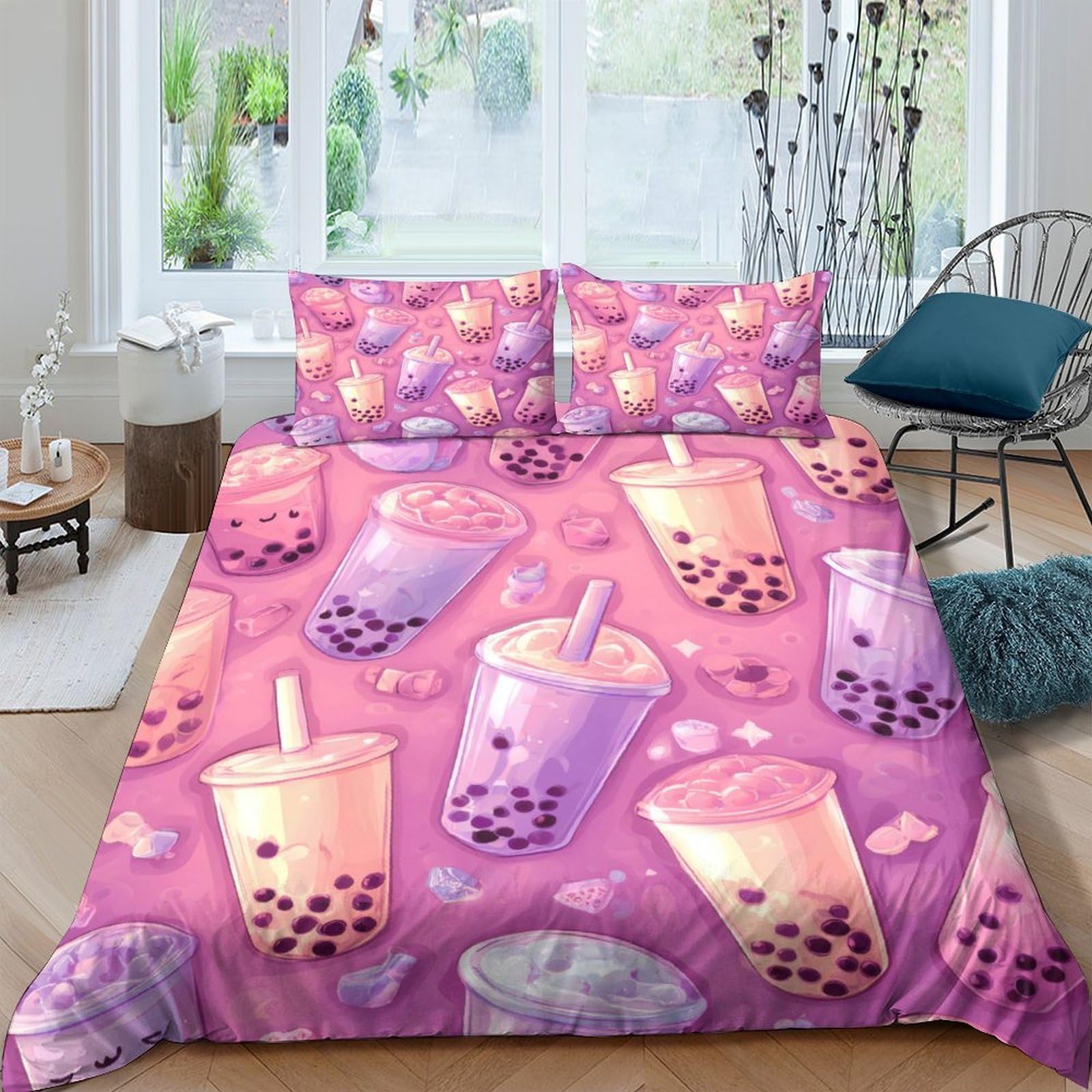 GPLZQXKJNH 3D Printed Bubble Tea Duvet Cover Set Microfiber Soft Pink Purple Drink Quilt Cover with 2 Pillowcases for Bedroom Decor Single（135x200cm）