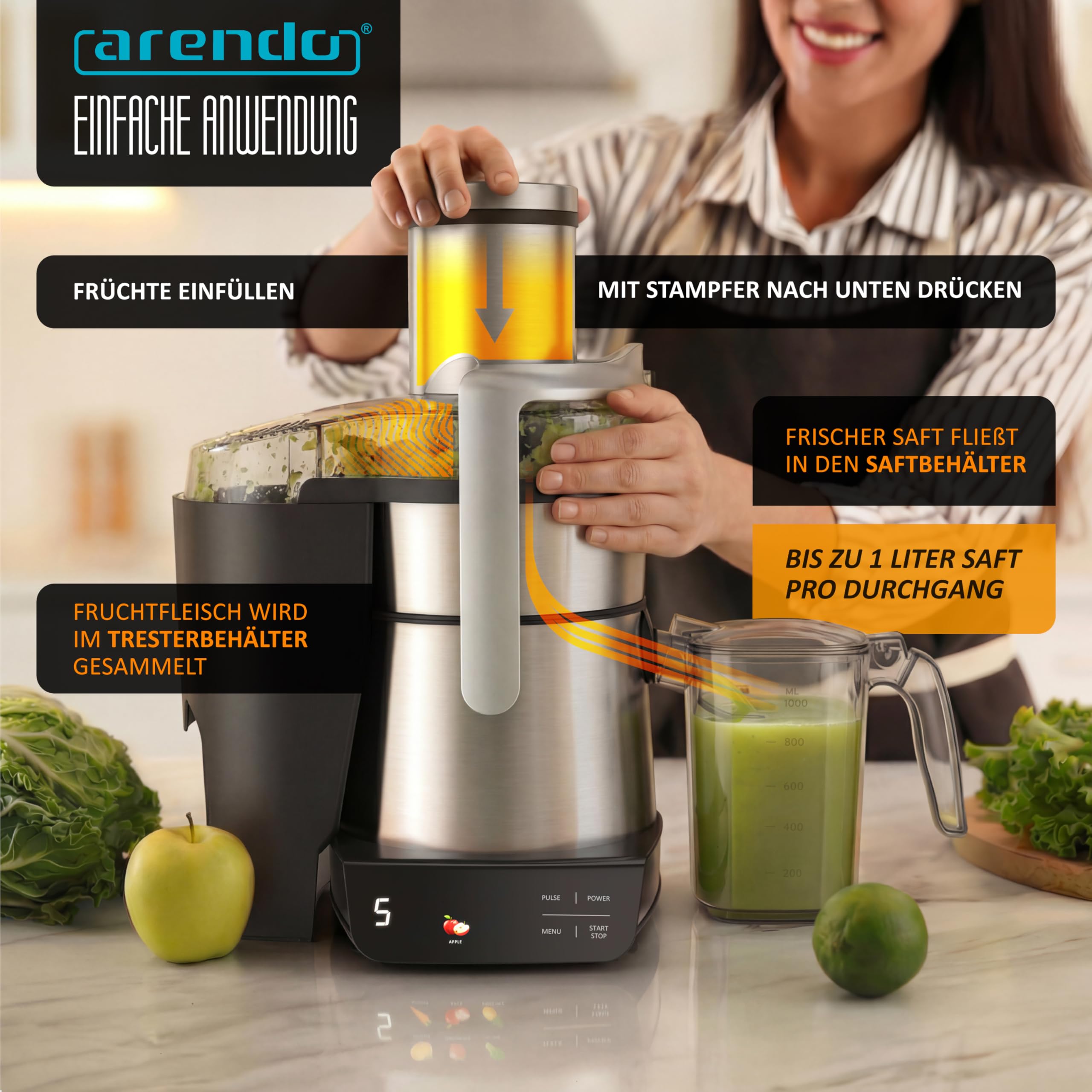 Arendo - Entsafter digital mit Display - 1 Liter – 1000 Watt – XXL Einfüllschacht – LED Display - Farbsymbole – Tropfschutz – Pulsfunktion - für Gemüse und Obst - Sicherheitsverriegelung - inkl. Saftb