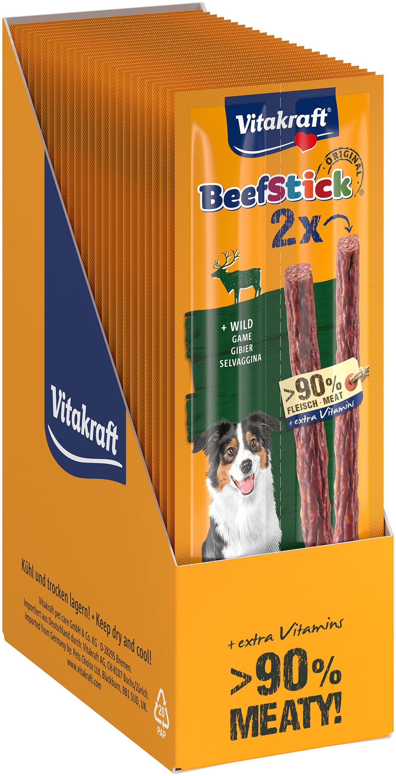 Vitakraft Beef Stick Wild - Bastoncini di carne con selvaggina, alta percentuale di carne, per coccolare e ricompensare, senza zuccheri aggiunti, in confezione da 25 x 2 pezzi