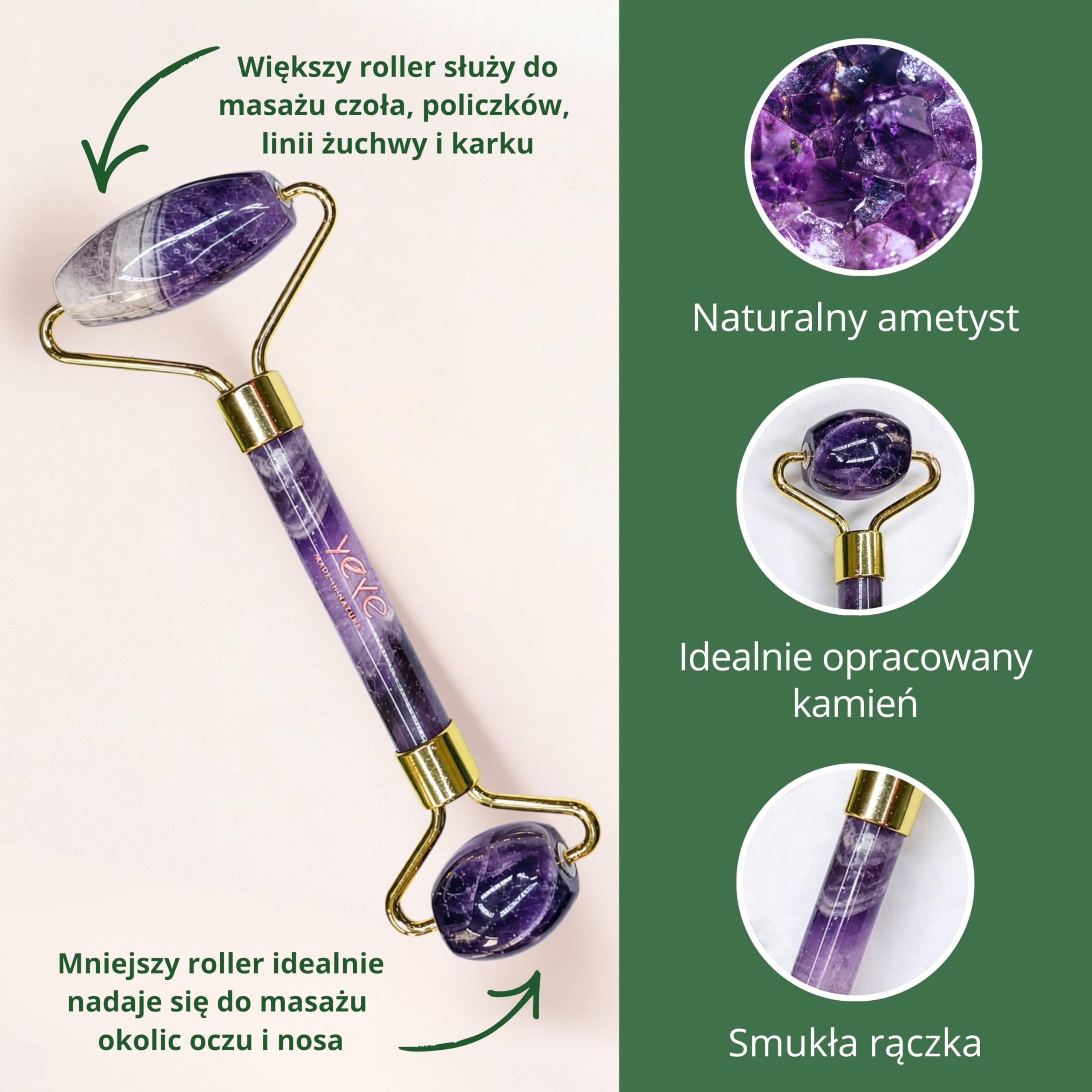 YEYE Made in Nature, rullo per massaggi viso in ametista viola naturale, rullo per massaggio facciale, lifting, levigante, migliora la circolazione, elimina le rughe, per la cura quotidiana