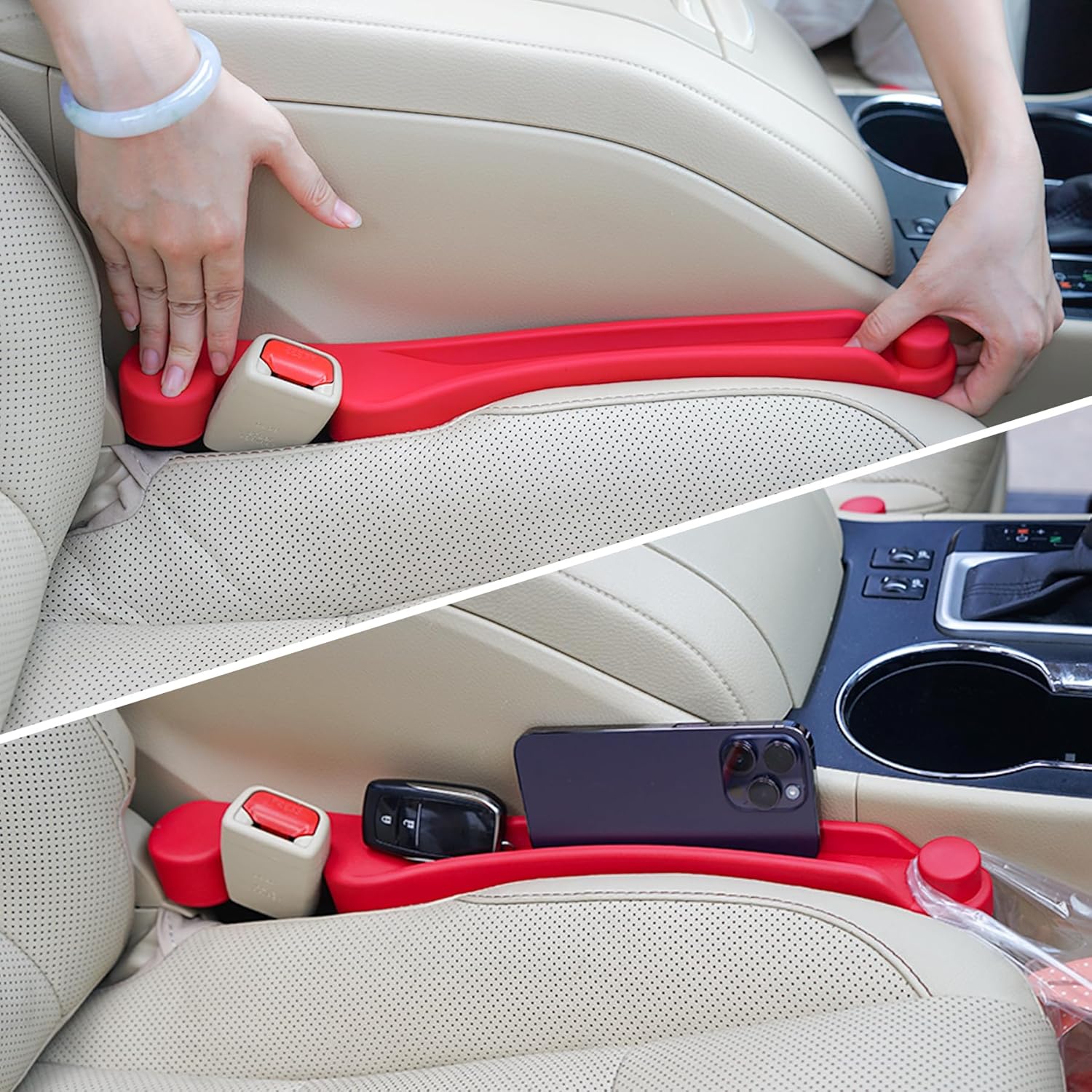 Car Seat Gap Filler Set of 2, Soft Foam Multifunctional Seat Side Gap Filler with Organizer & Hook Function, 3in1 Gap Stopper Universal Fit Car SUV Truck Fill The Gap Between Seat & Console?Red?