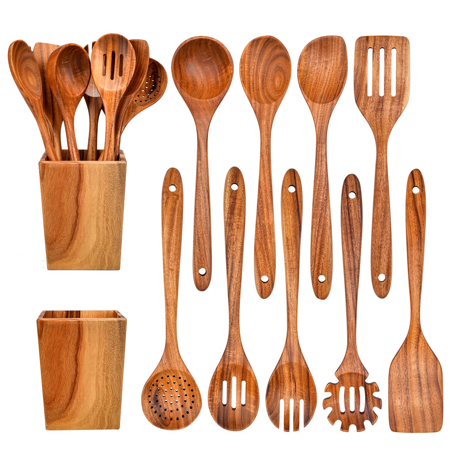 Gudamaye 33 cm lange Holzlöffel zum Kochen, 9-teiliges Küchenhelfer-Set aus natürlichem Teakholz, Küchenhelfer-Set mit Utensilienhalter, aus australischem Kampfer-Lorbeerholz, Holzutensilien zum