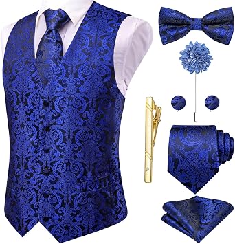 Hi-Tie Silk Mens Suit Vest Tie and Bowtie Lapel Pin Gold Tie Clip Paisley Floral Waistcoat 8PCS Set Tuxedo Wedding Party