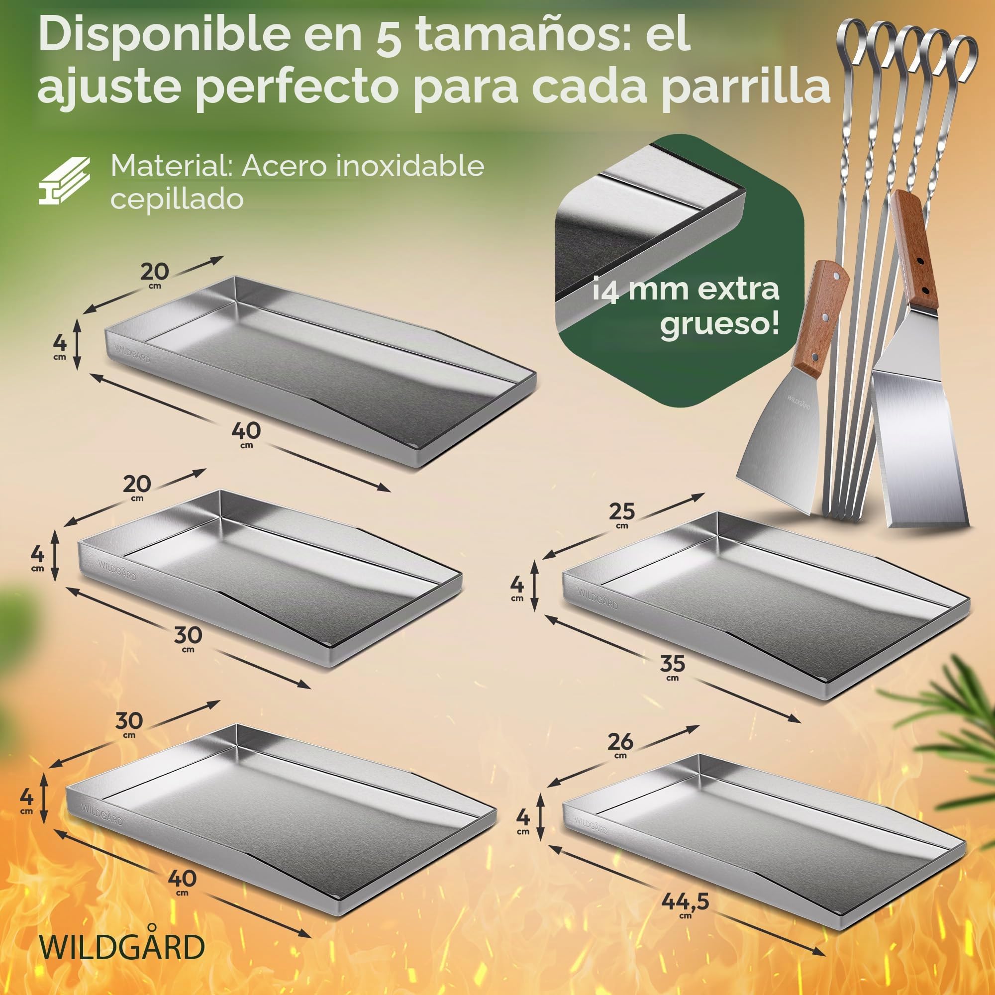 Plancha – Placa de Acero Inoxidable Grueso – 30 x 20 cm – Adecuado para barbacoa de gas y BBQ de carbón +PLUS: 2x espátulas para parrilla y 5x brochetas
