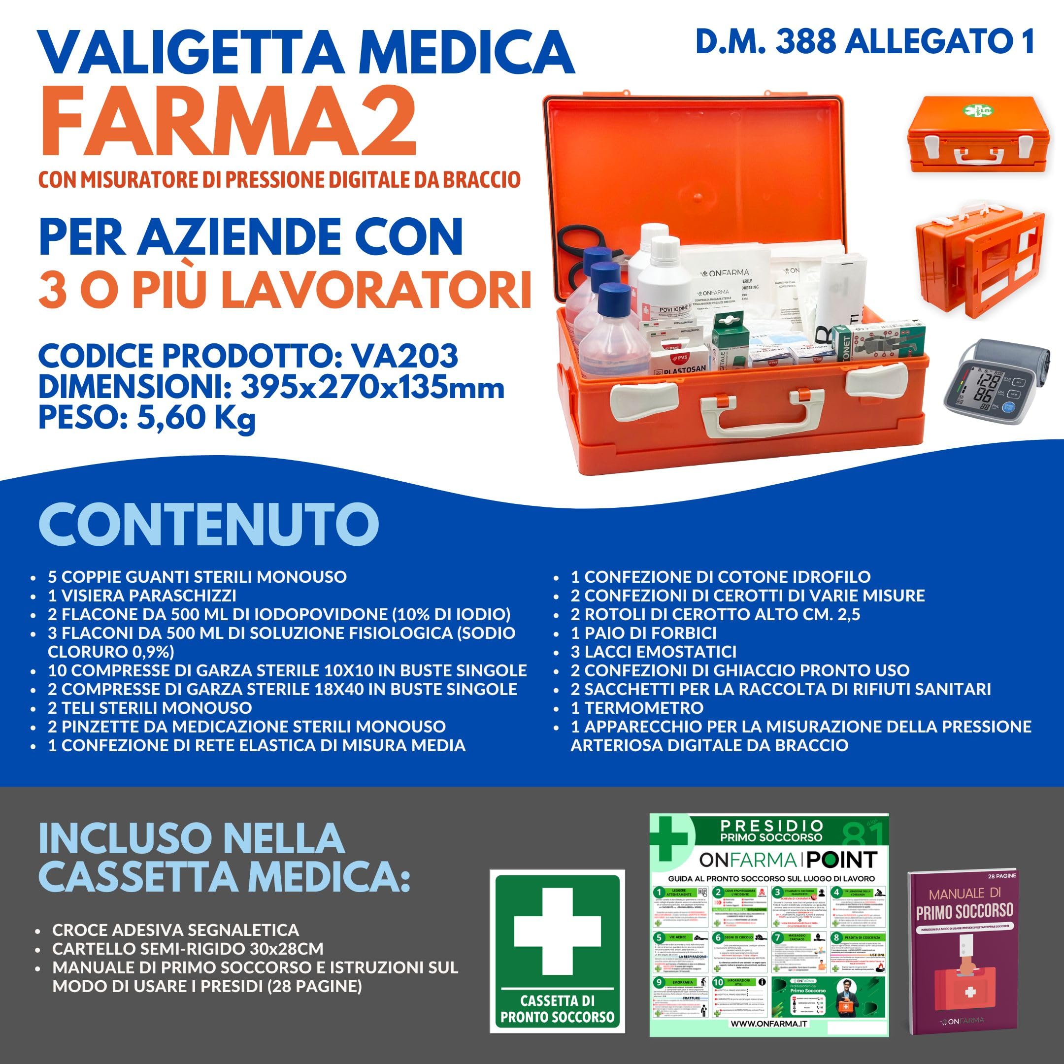 ONFARMA FARMA2 DIGIT BRACCIO con misuratore di pressione digitale da braccio Cassetta pronto soccorso Cassetta medica conforme DM 388 allegato 1 per aziende con 3 o più lavoratori