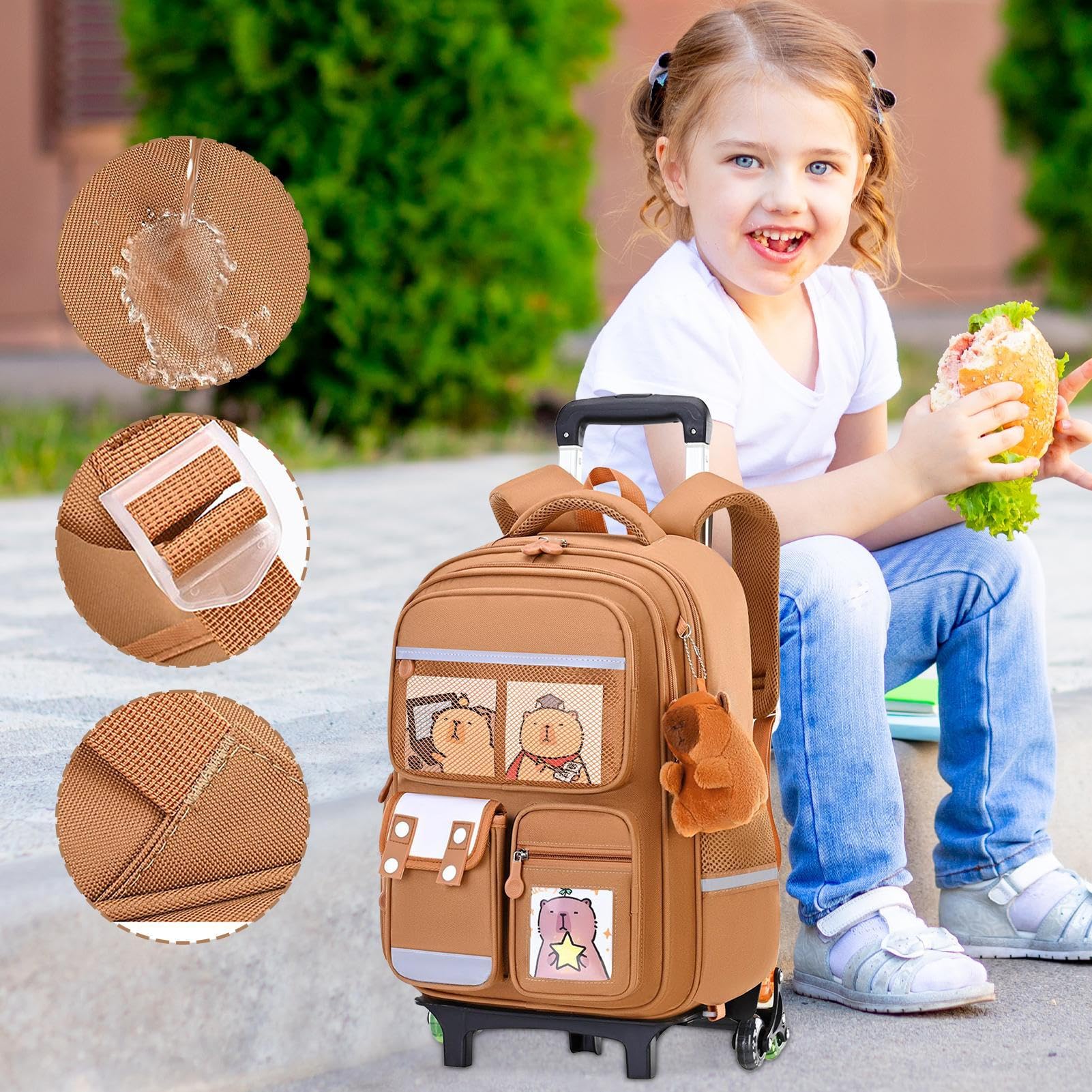 Mochila con Ruedas Bolsa de Gran Capacidad con Asa Retráctil y Altura | Estampado de Capibara en Mochila con Ruedas para Viajes, Escuela, Trabajo, Avión, Negocios, Niños, Niñas,
