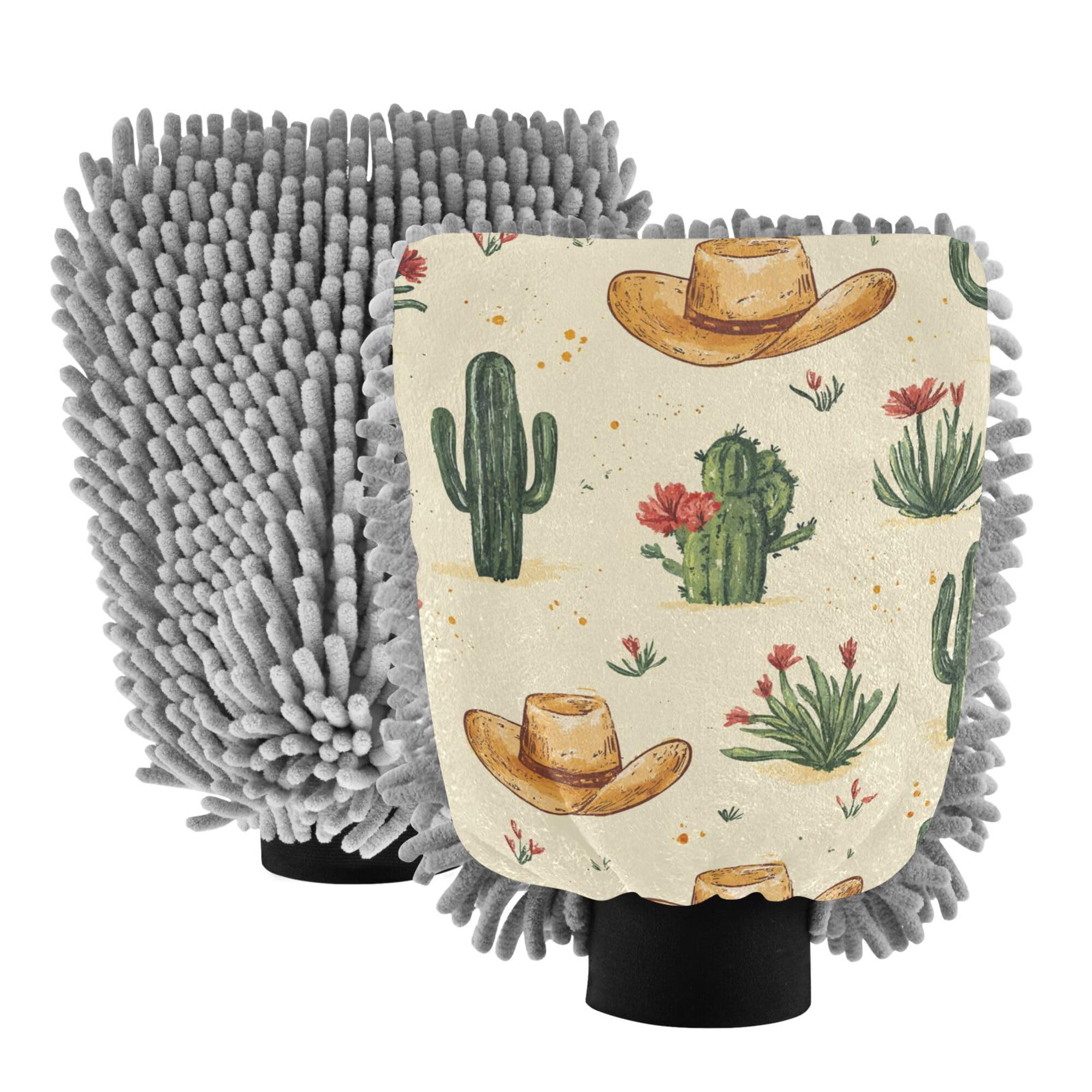 Western Cowboy Boho Cactus Yellow Car Wash Microfiber Mitt 11.8'' Cars Washing Mitt Non Scratch Detailing Gloves for Wash Drying