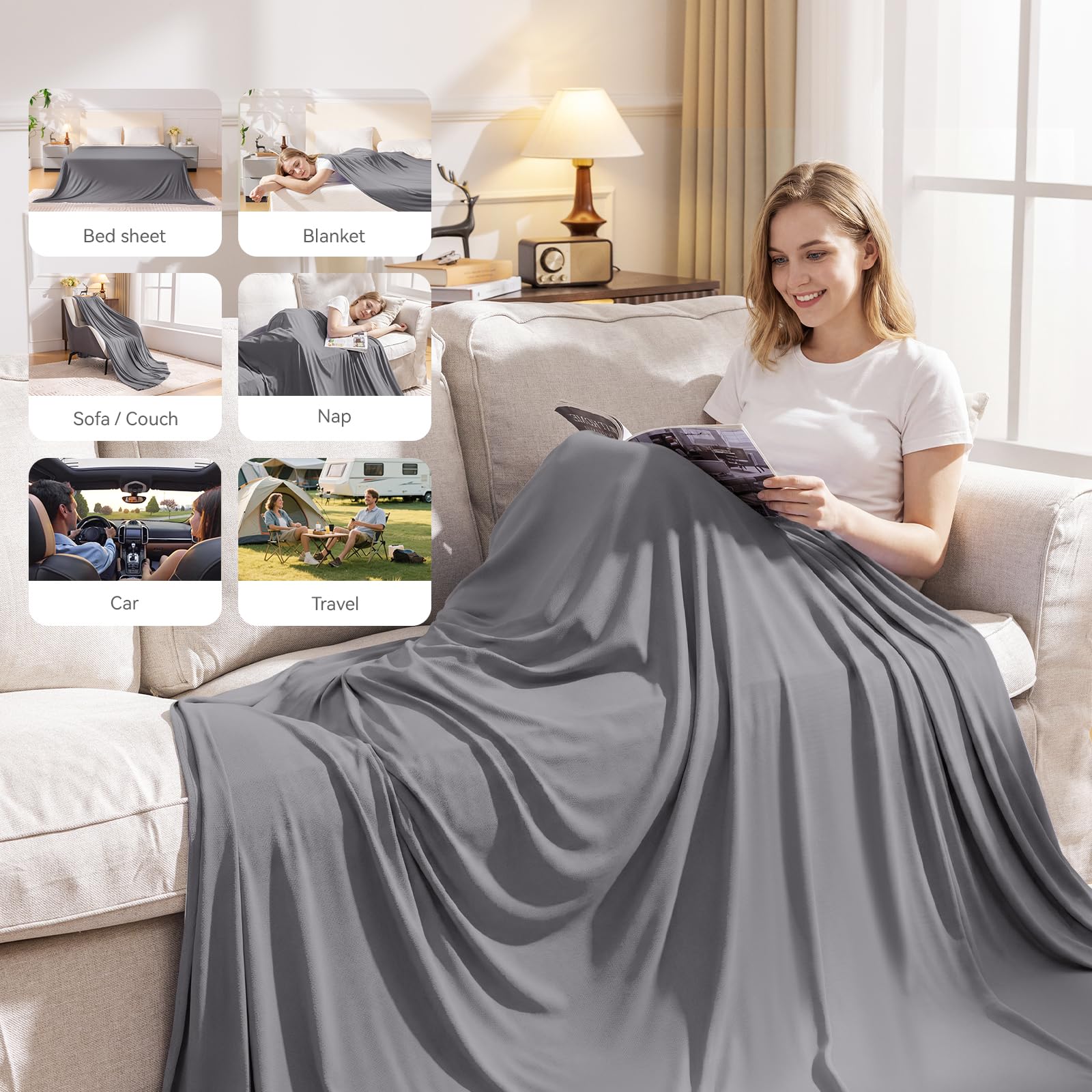 Enfriamiento de Verano, Manta refrescante para Sudores nocturnos, Japonesa Q-MAX> 0,45, Manta de Verano para Cama, sofá, Silla, Viajes, para Dormir Caliente, Texturizado-Gris, 127 x 152 cm