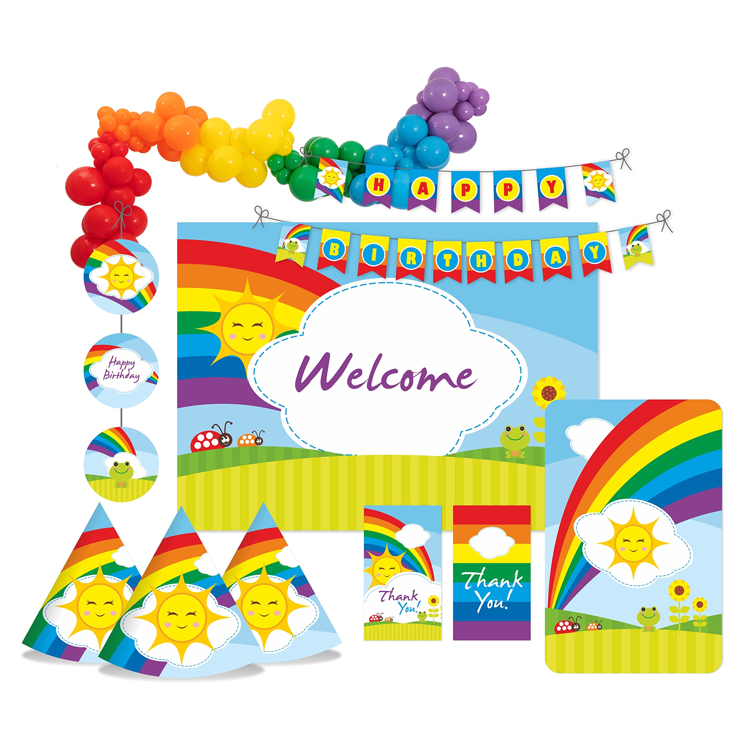 Pretty UR Party Rainbow Party decorations Kit - 80 pcs includes Banners, balloons, thank you, centerpiece, danglers, Caps, Rainbow Party Supplies, Rainbow Birthday Decor, DIY Décor Pack for Kids