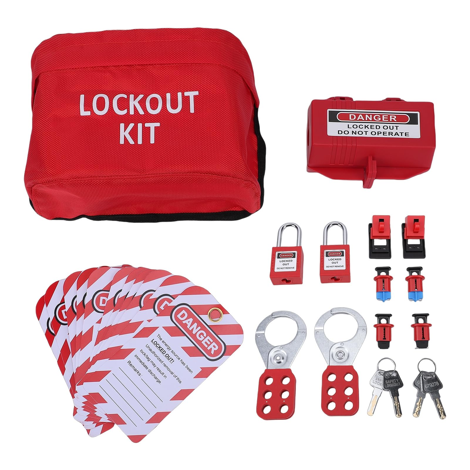 Kit di tag di blocco elettrico, 6 lucchetti con etichette in PVC Borsa di stoccaggio portatile per dispositivi di sicurezza Loto per quadri elettrici industriali
