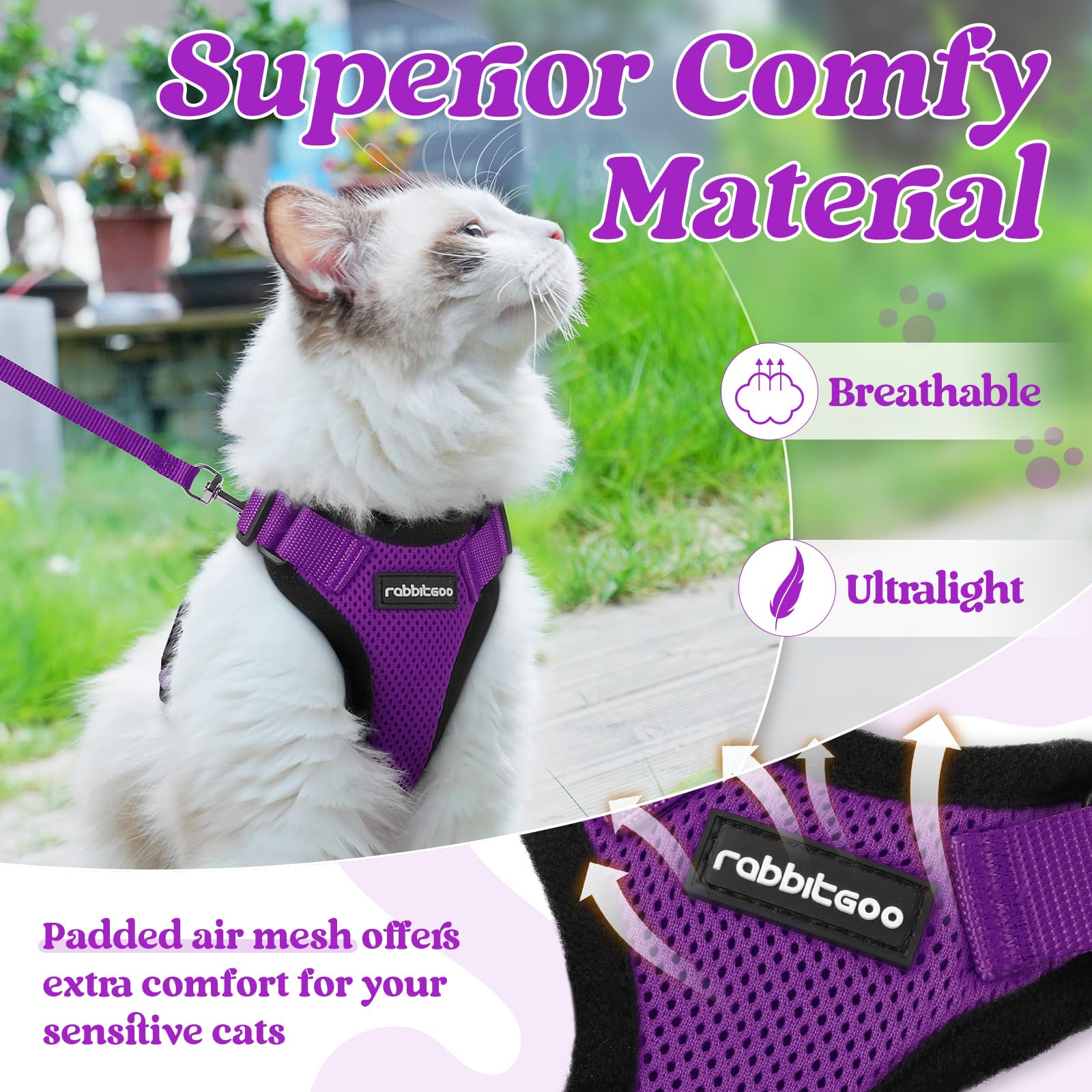 rabbitgoo Pettorina Gatto Antifuga con Guinzaglio, Guinzaglio per Gatti Regolabile, Pettorina Cane Taglia Piccola Riflettente, Imbracatura Gatto Adulto in Maglia Traspirante per Camminare, Viola, XXS