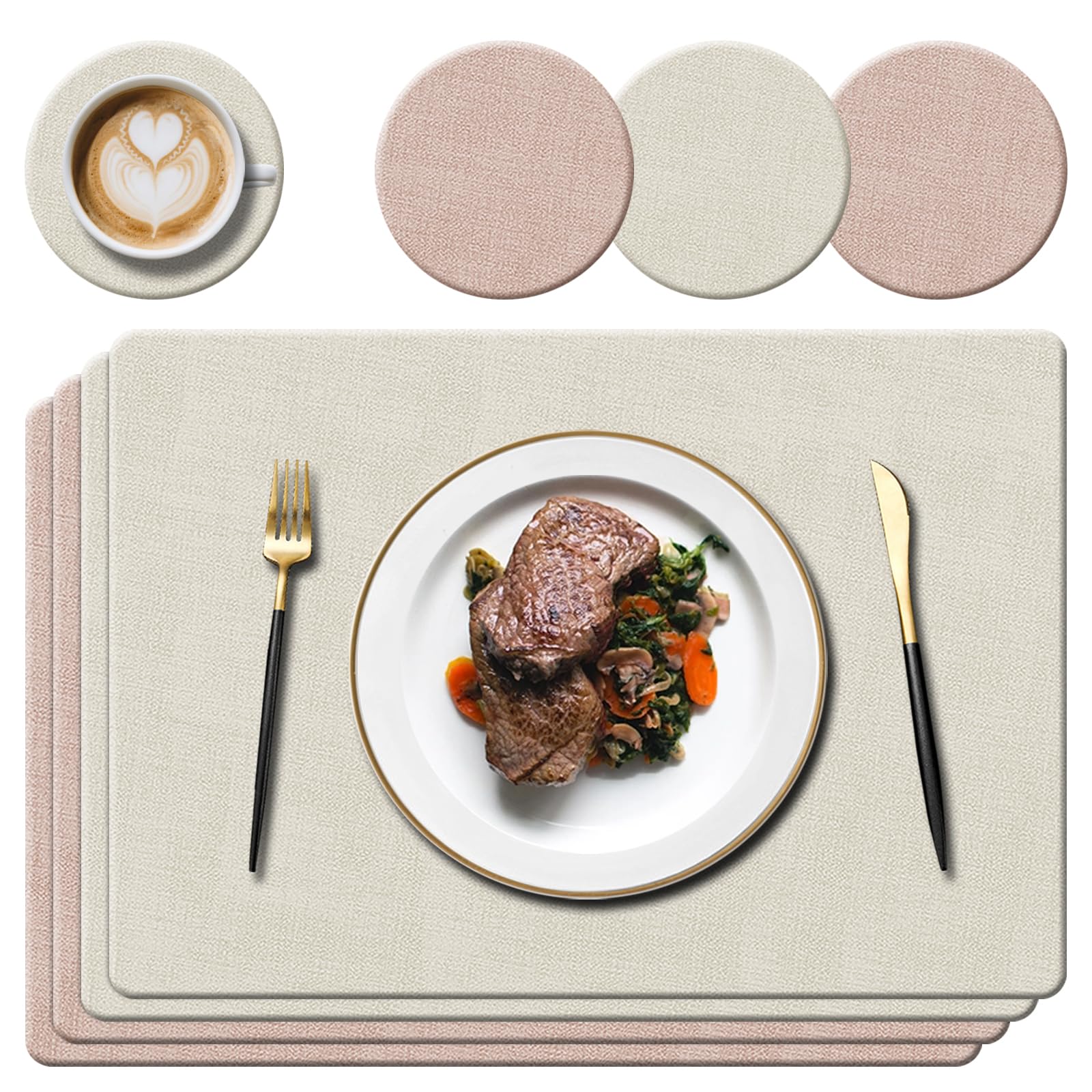 Faux Leather Place Mats and Coasters, Pink/Cream, 43x30cm, Set of 4