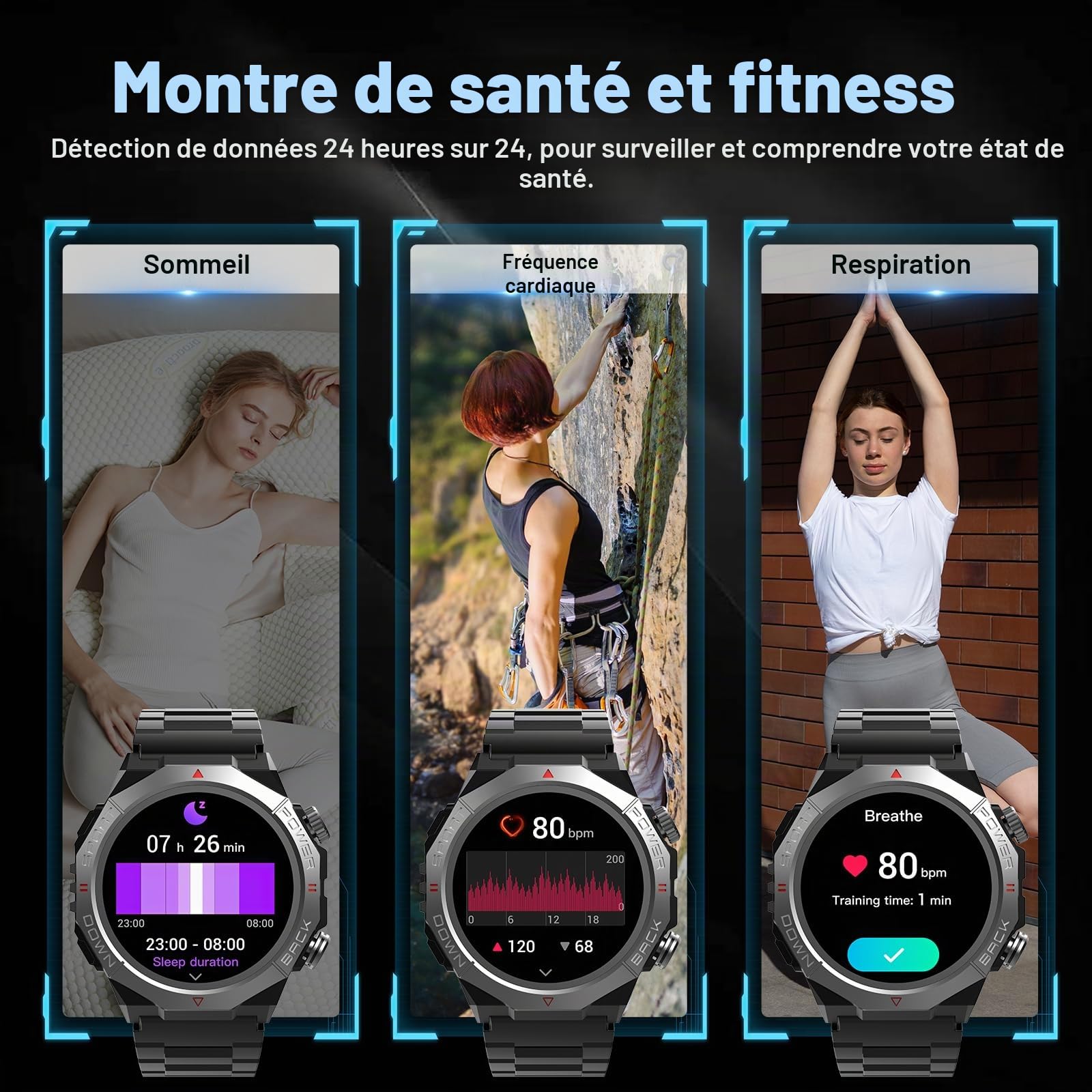 Qecnato Montre Connectée Homme, 1.39" HD Militaire Smartwatch avec Appel Bluetooth, Smart Watch Homme avec 110+ Modes Sportifs/Cardiofrequencemetre/Sommeil, Etanche IP68 Montre Intelligente