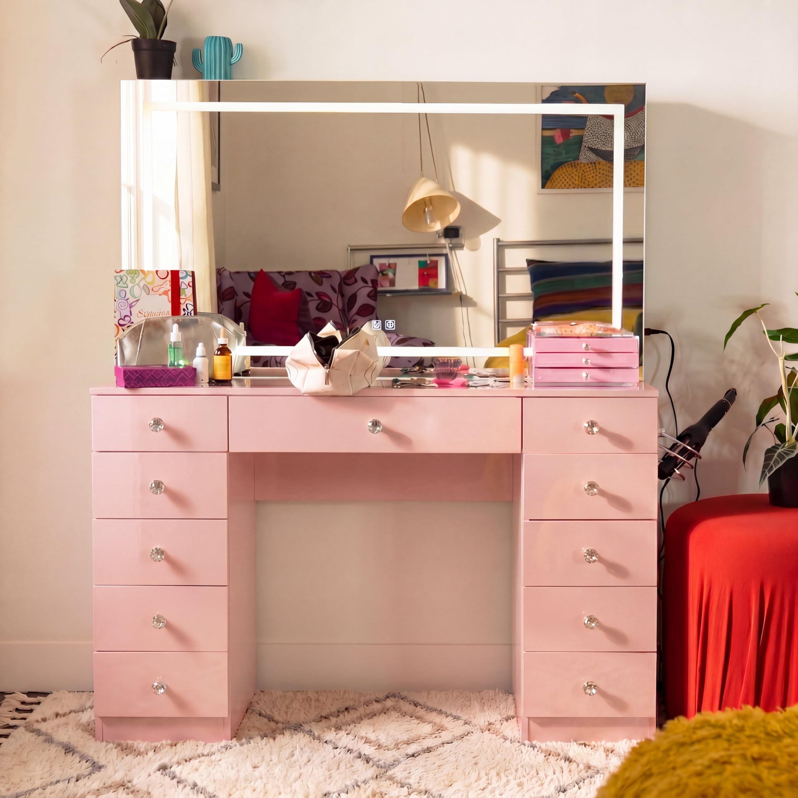 Boahaus Luna Vanity Desk with LED Lighted Mirror in Pink