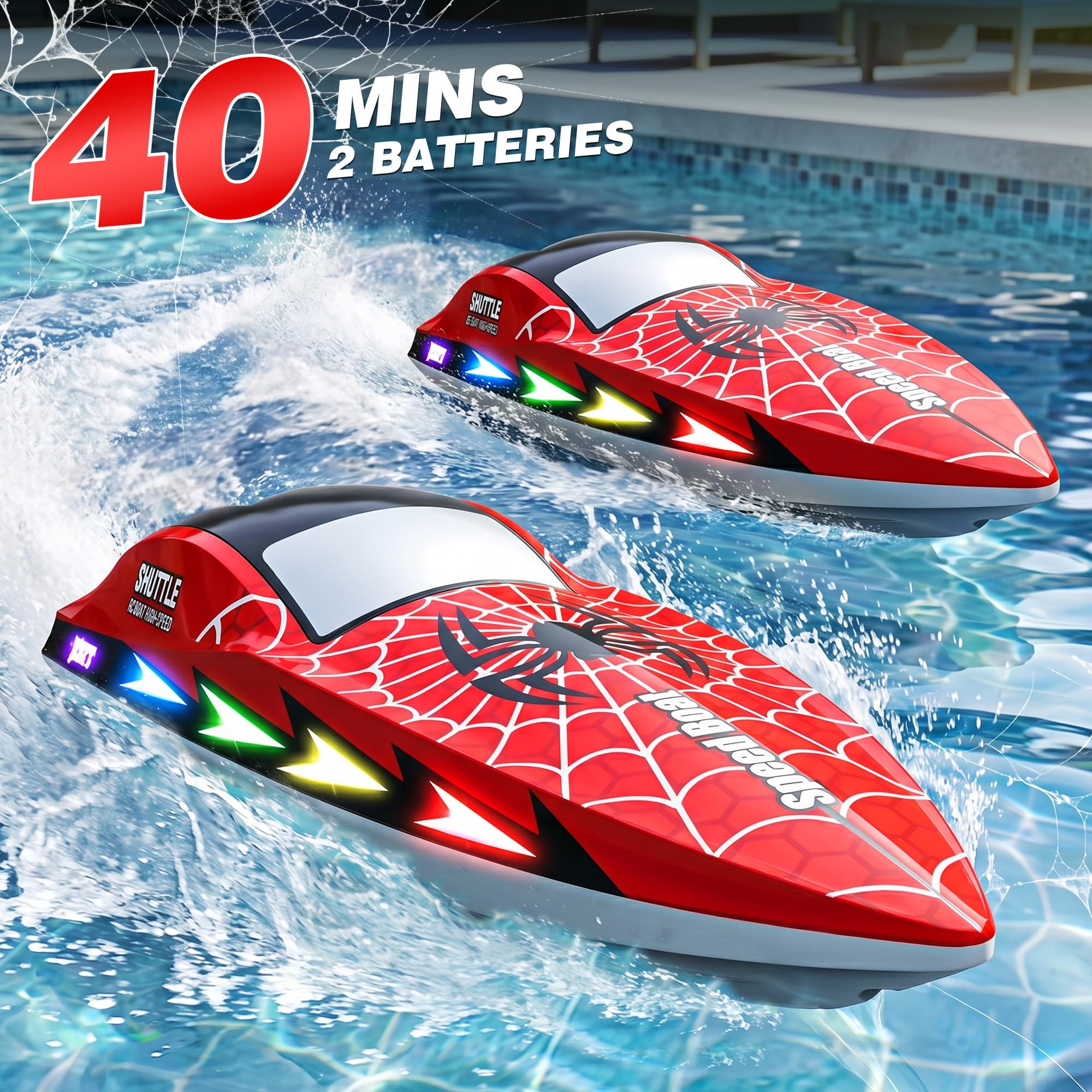 Barco teledirigido con 7 modos de luz, barco teledirigido de 20 km/h, con modo de un clic, 2,4 GHz barcos de carreras con 2 pilas, 40 minutos de tiempo de juego y graffiti de arañas, piscinas y lagos