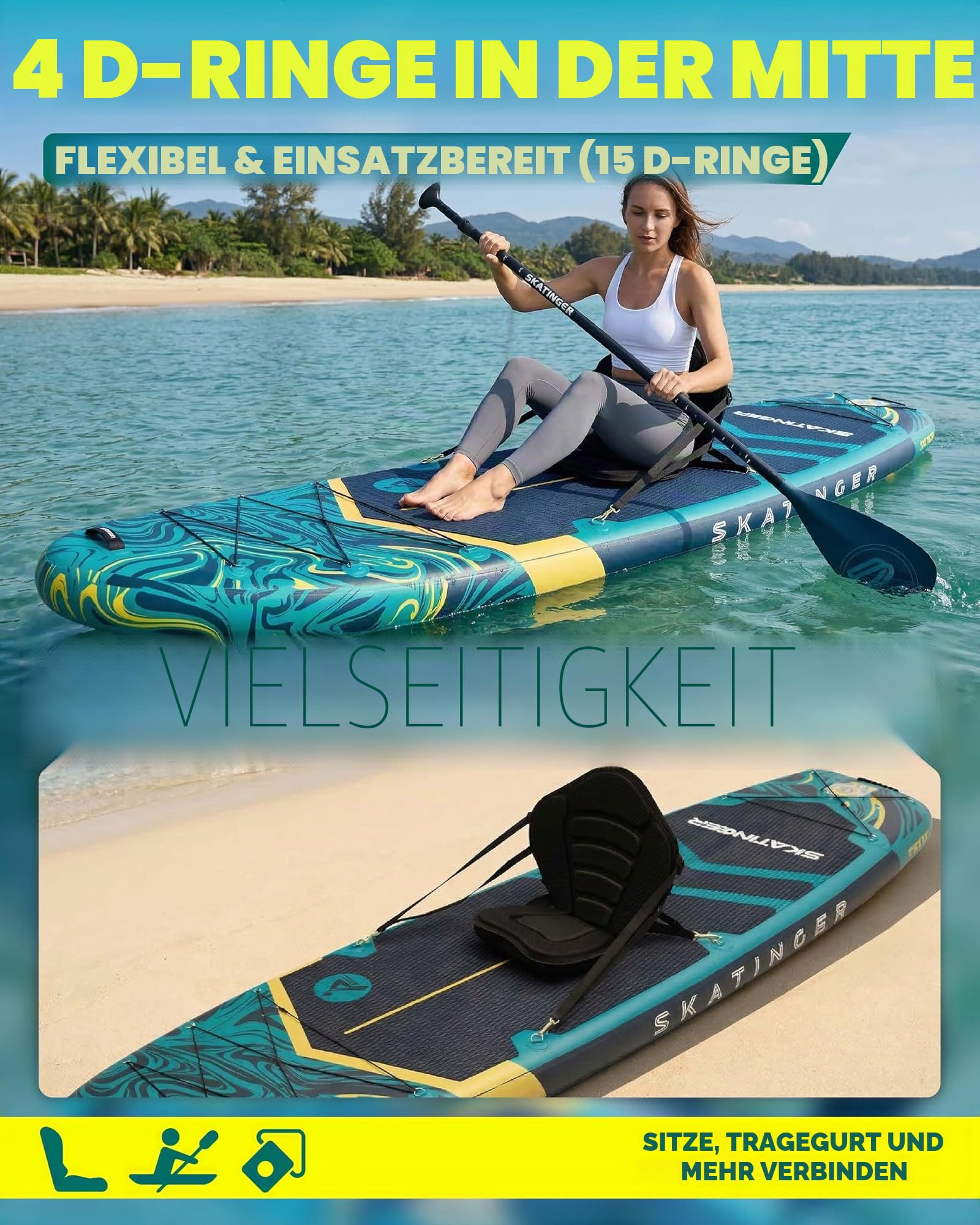 Skatinger Aufblasbares Stand-Up-Paddle-Board, 28,9 x 86,4 x 15,2 cm, SUP-Paddelboard, aufblasbar, Yoga-Steh-Up-Paddle-Board mit 1600D-Rucksack, 6 zusätzliche D-Ringe, Schultergurt, US-Zentralflosse,