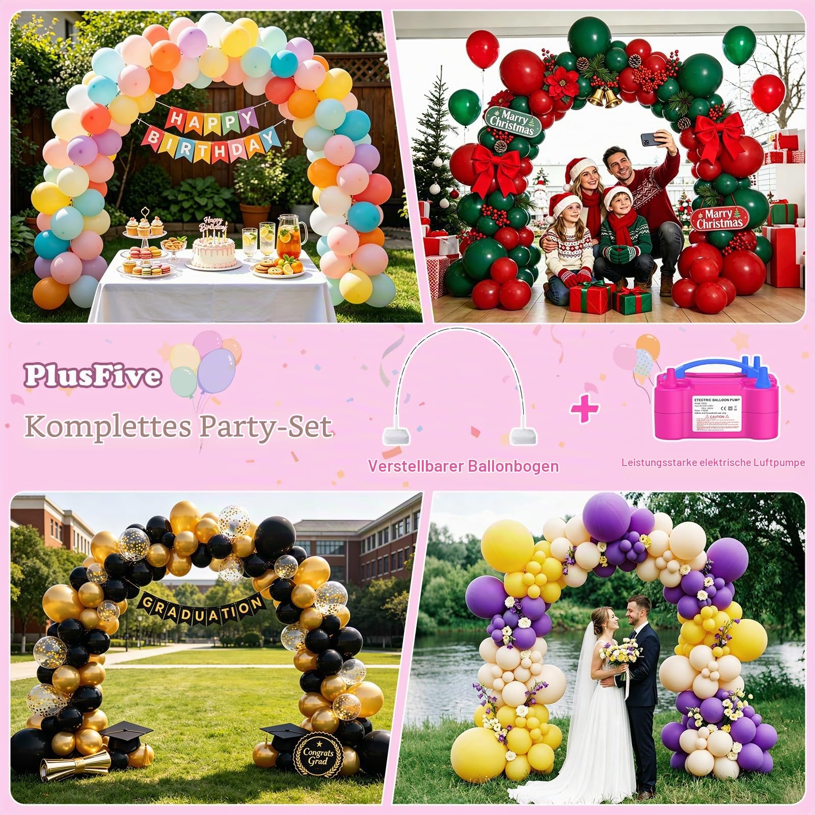 PlusFive Ballonbogen mit Luftpumpe Elektrisch 600W, 2,7M Verstellbarer Luftballon Bogen & Luftballonpumpe Set für Party, Hochzeit und Geburtstag Dekoration