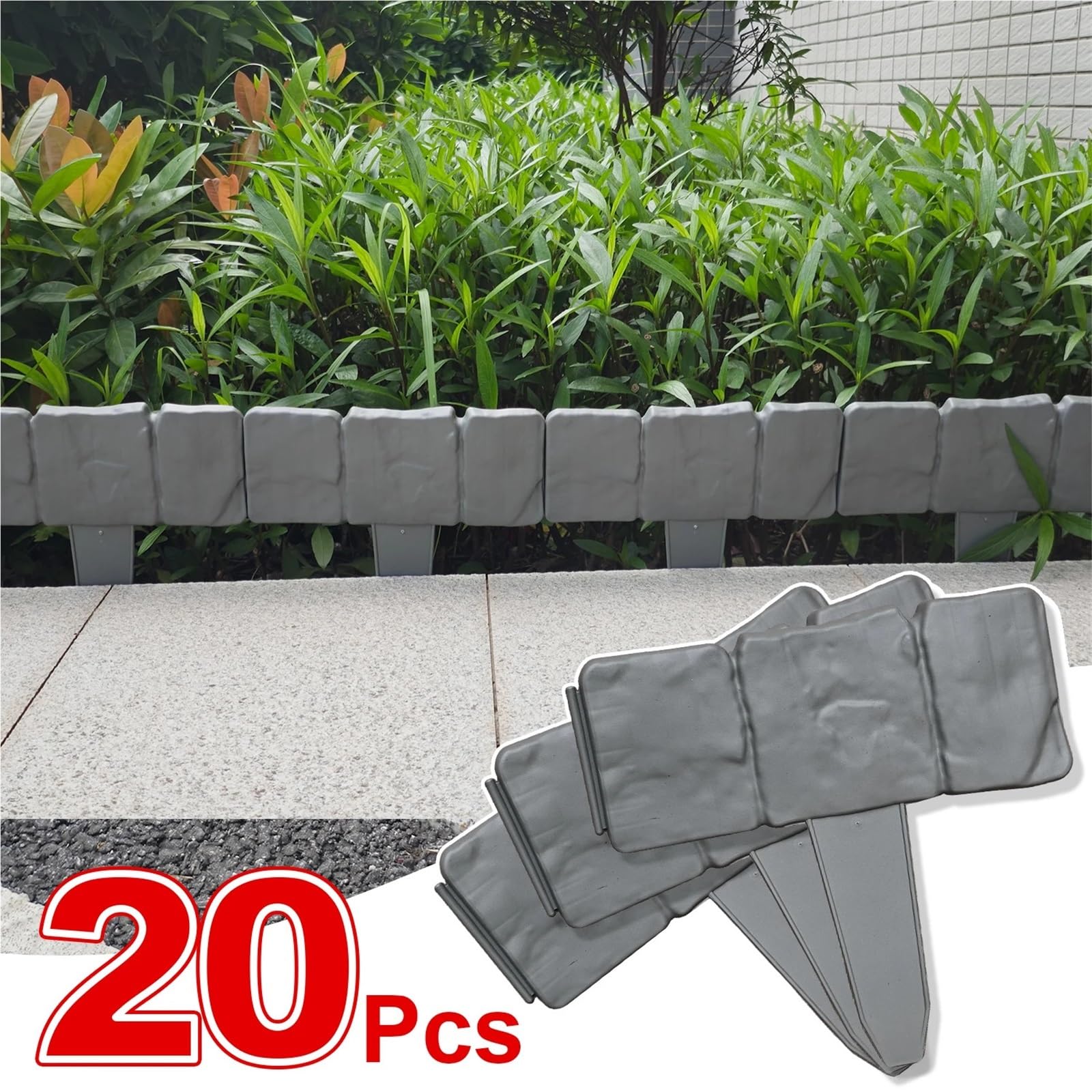 Bordura de Jardín de Plástico 10/20pcs Plastic Garden Edging Border, Fence Panels, Patio Outdoor Barrier Lawn Strip(Gray-20pcs)