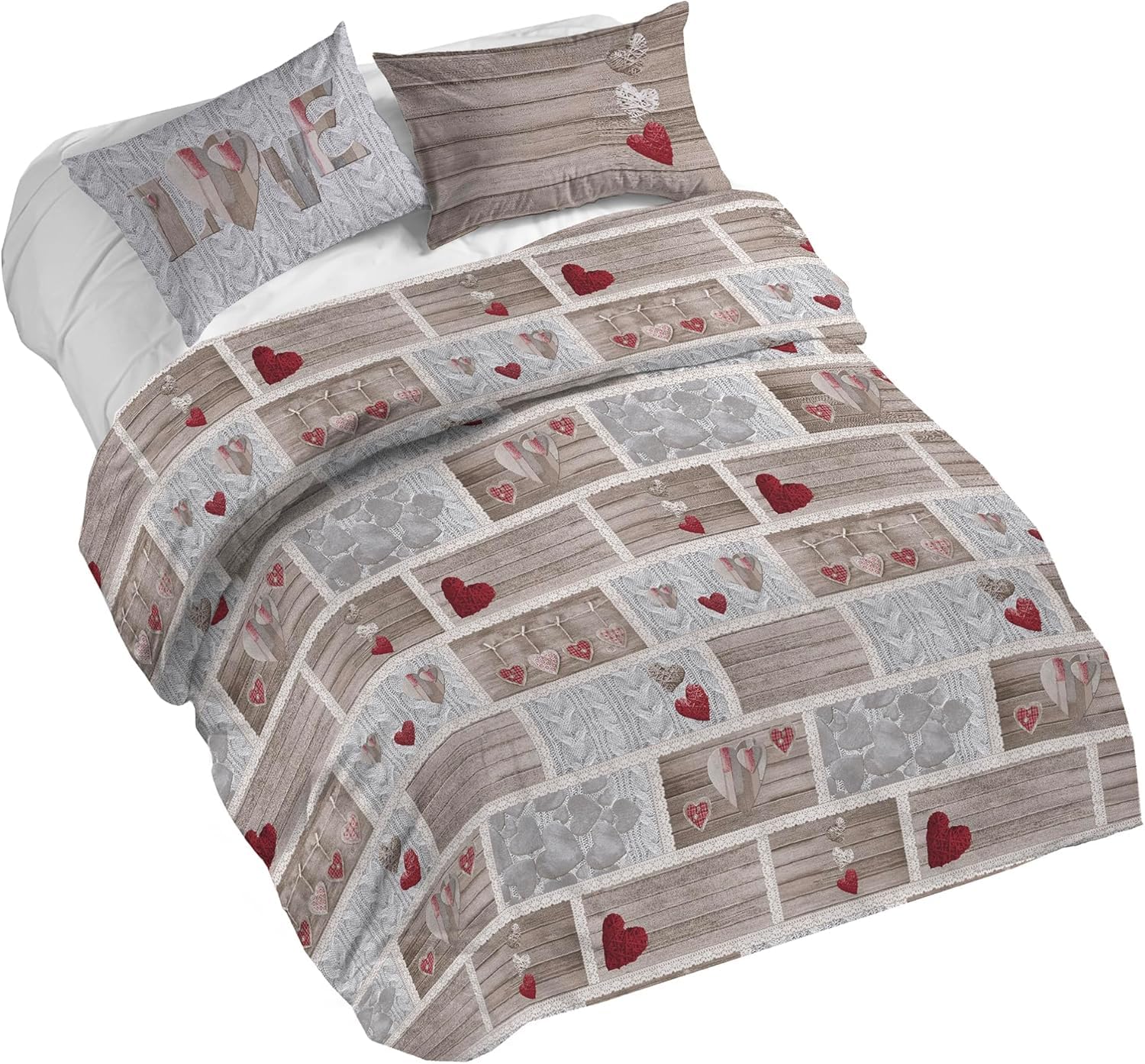 PELLECCHIA 1969 | Parure Copripiumino Matrimoniale 100% Cotone, Completo di Sacco 250x200cm e 2 Federe 52x82cm, Made in Italy Fantasia (Shabby Love Rosso, Matrimoniale)