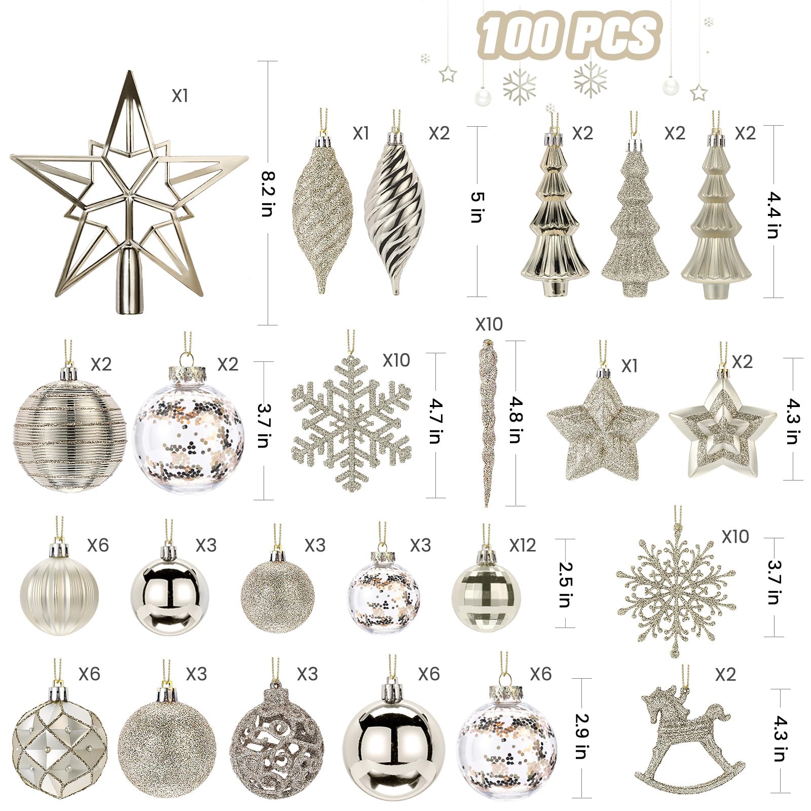 SHareconn 100 Piezas Bolas Arbol de Navidad, Adornos Plástico, Champán | con Cordón para Colgar, Plástico, Irrompibles, Decoracion Adornos Arbol Navidad, para Uso en Interiores o Exteriores