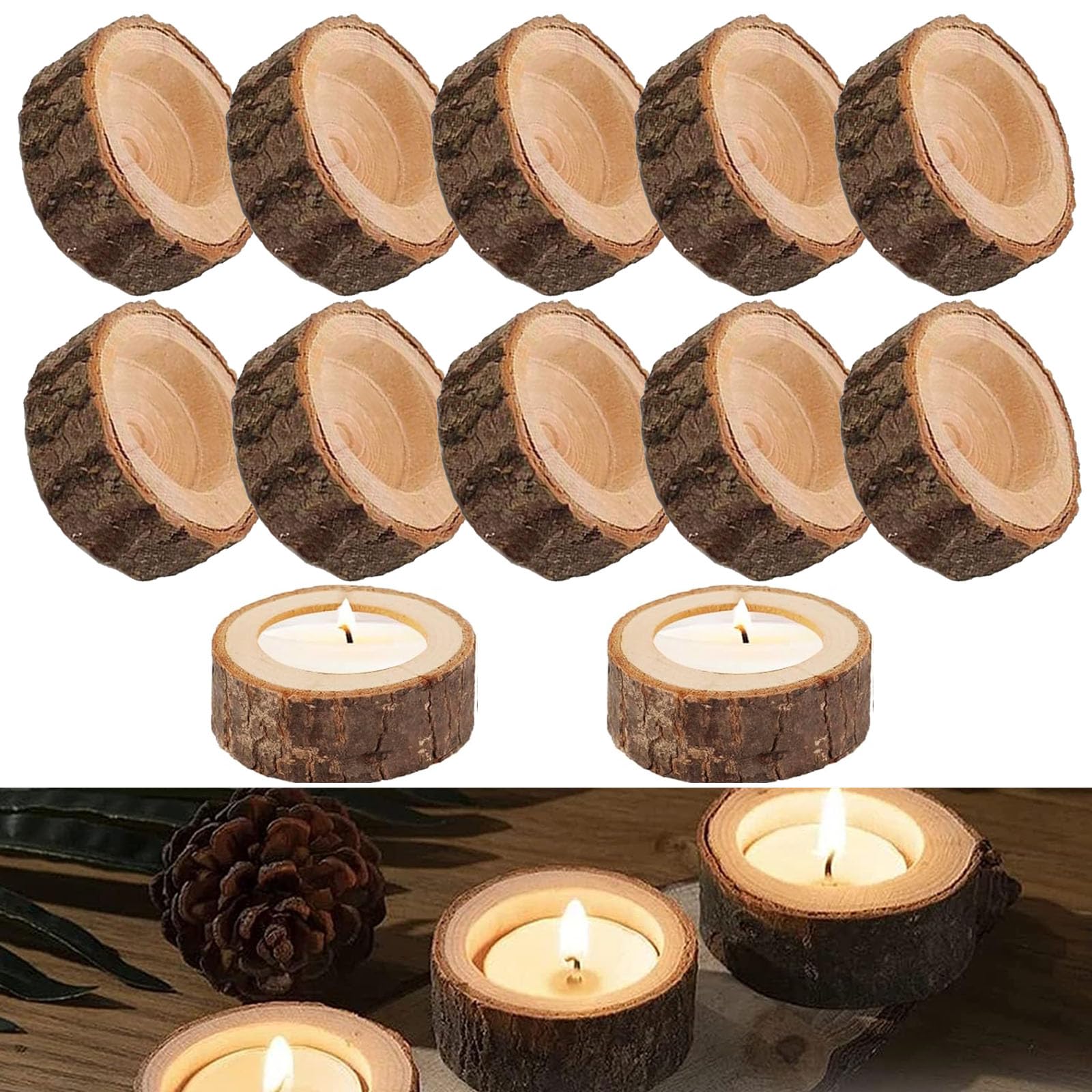 Portacandelitas Madera, 12 Piezas de Portavelas de Madera, Portavelas Redondo de Madera, Candelabro de Madera Personalizado, para Bodas, Cumpleaños, Fiestas, Adorno