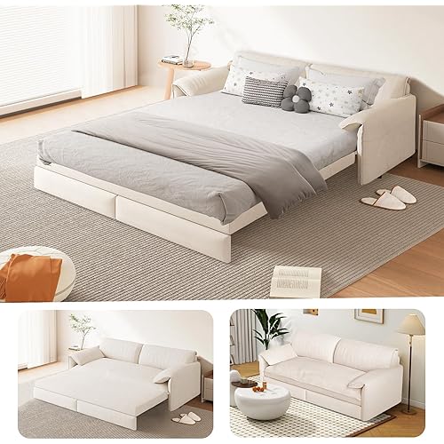 66-Inch Queen Size Convertible Sleeper Sofa Bed, 3-in-1 Pull-Out Futon Loveseat, Velvet Love Seat Couch with Side Pocket for Living Room, Office, Apartment, RV, Hide-A-Bed Fold Out Sofa&Couch