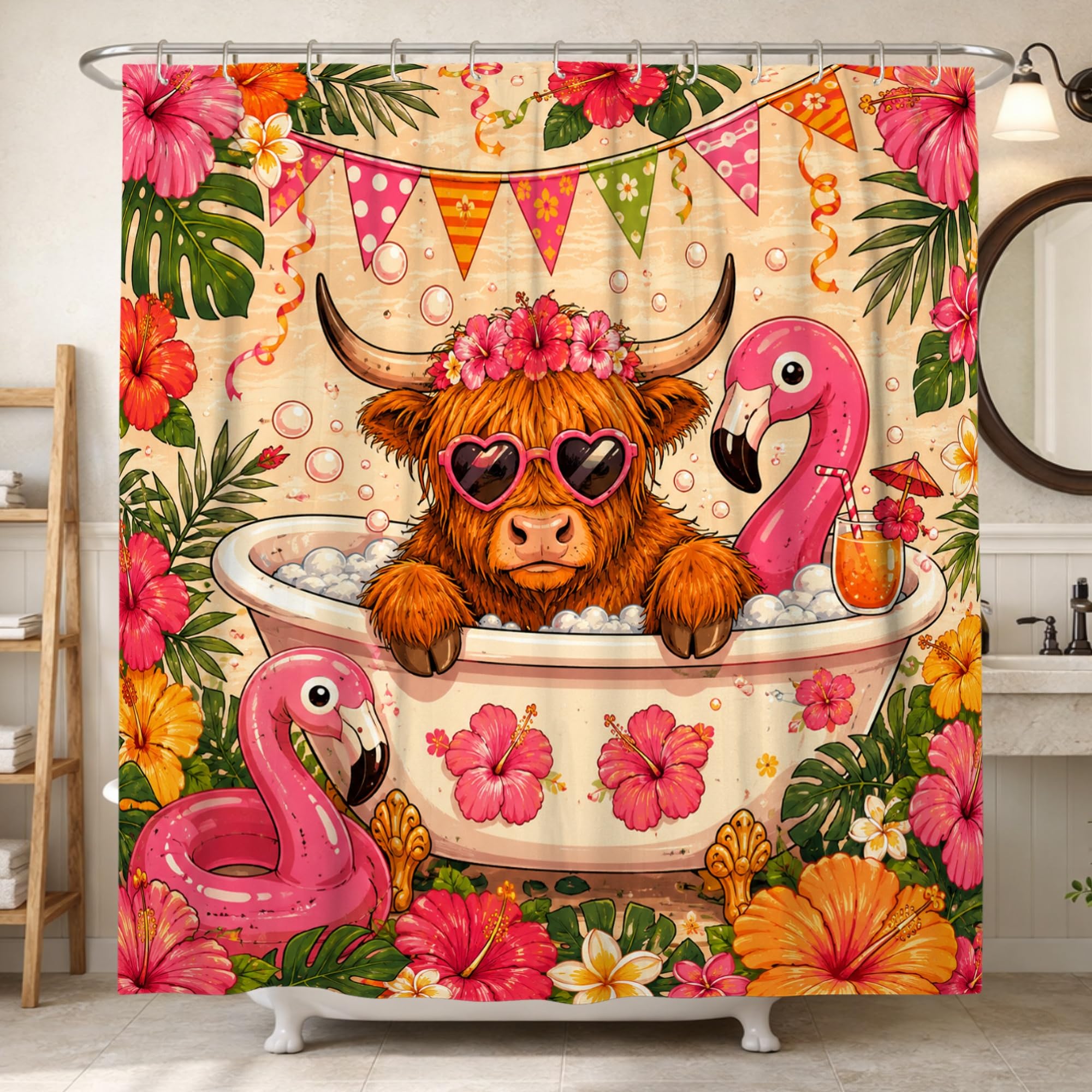 Rideau de douche haut de gamme en tissu imperméable imprimé vache des Highlands et fleurs d'hibiscus