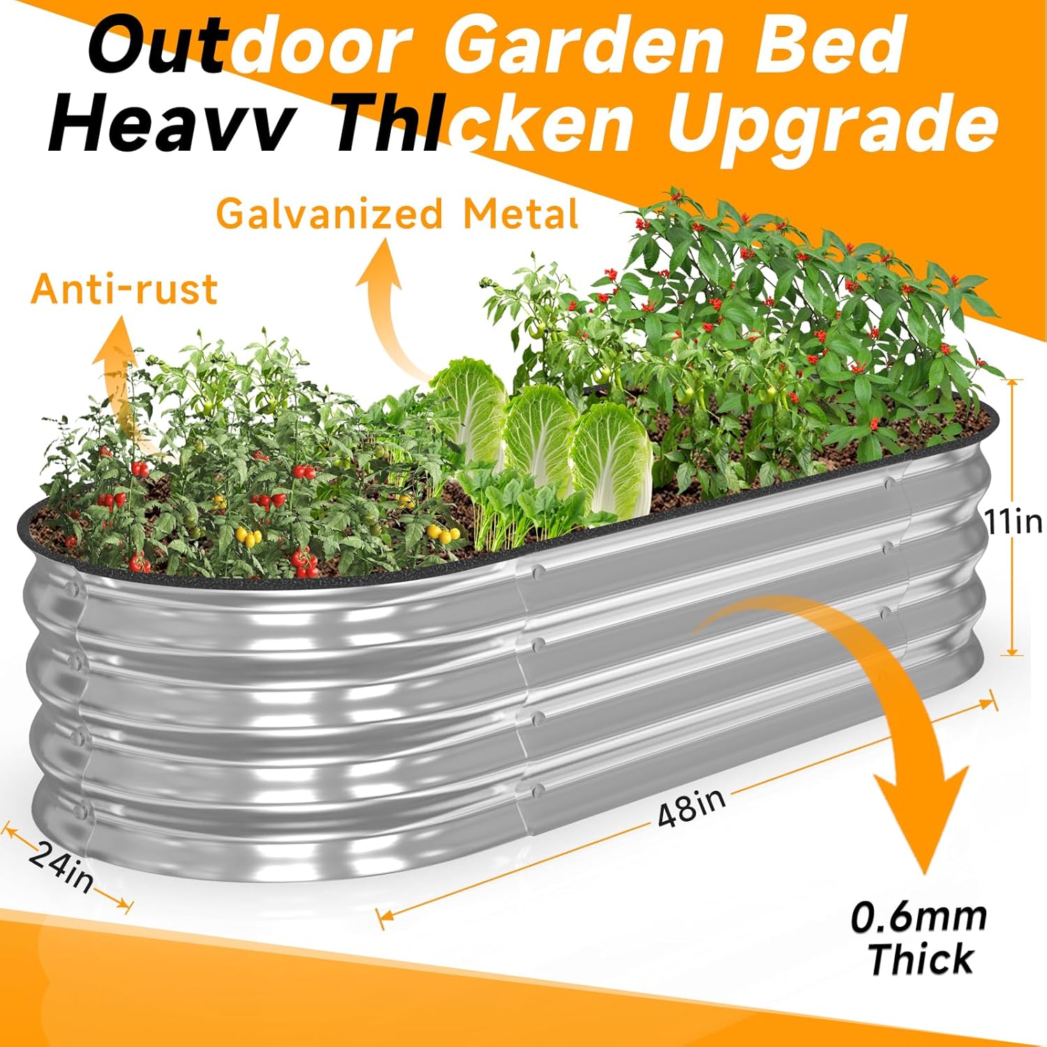 2pcs Galvanized Raised Garden Bed Outdoor,0.6mm Thickness,4×2×0.9ft Oval Garden Bed for Gardening,Vegetables,Flowers,Sturdy Metal Planter Box,Durable and Easy to Install(Silver)