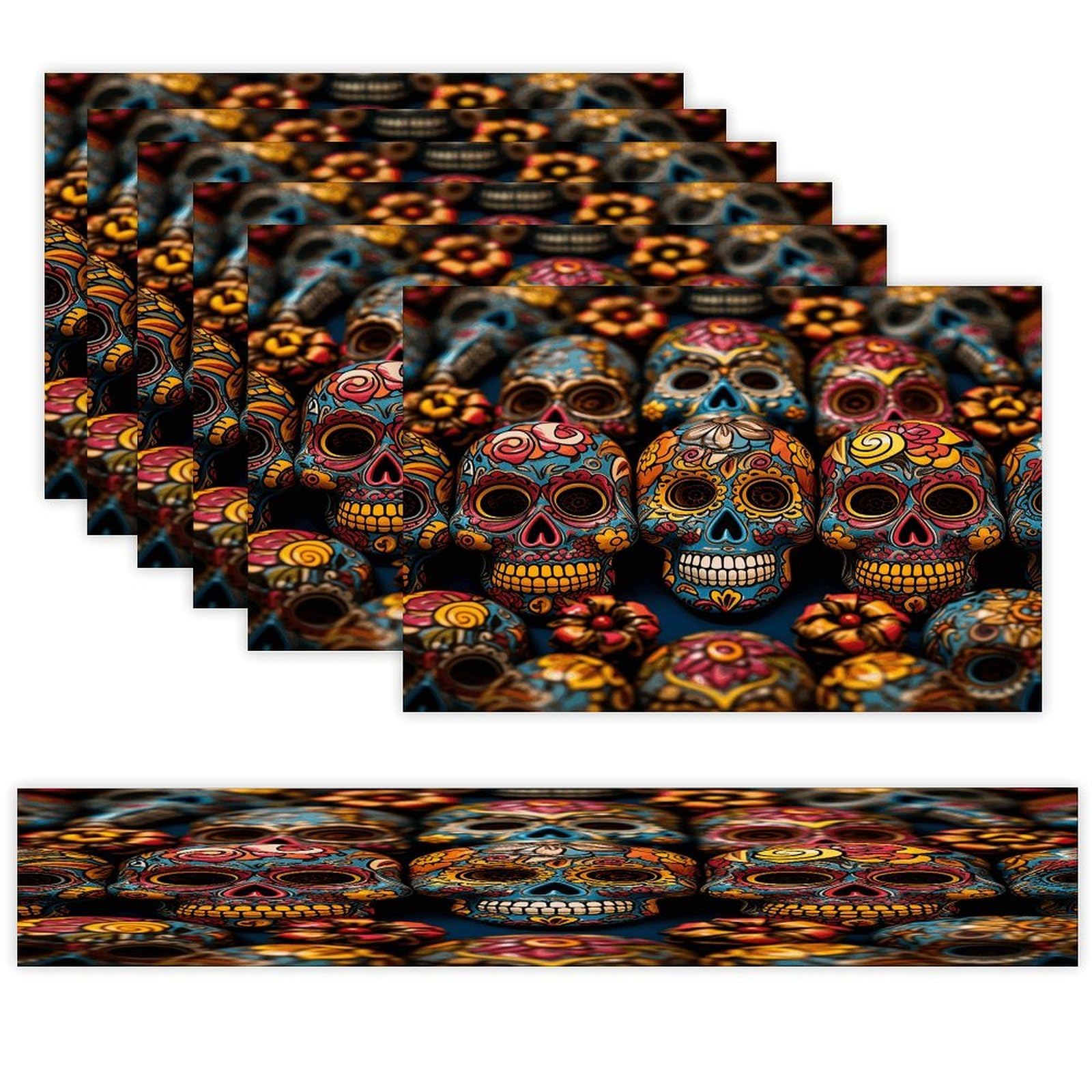 Colorful Sugar Skulls Table Runner and Placemats of 6 Washable Heat Resistant Place Mats with Table Runner Vintage Holiday Table Mat Set for Holiday Party Kitchen Dining Deco