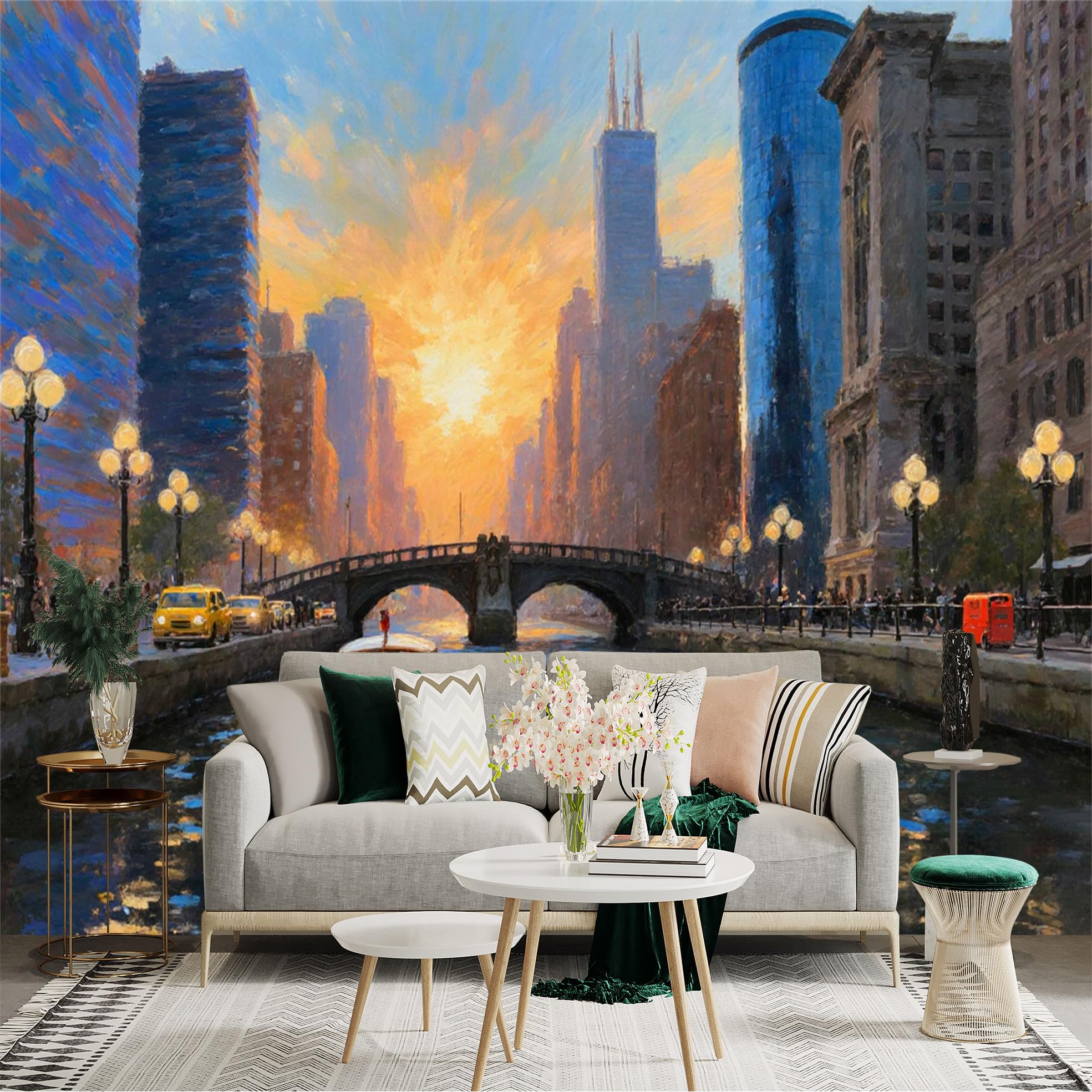 Lnzczhyre Xc260505357 Custom Size Wall Sticker Mural， Impressionist Cityscape At Sunset， River Bridge With Boat， Urban Skyline Scenery， For Wall Decoration， Peelandstick Wall Decals.