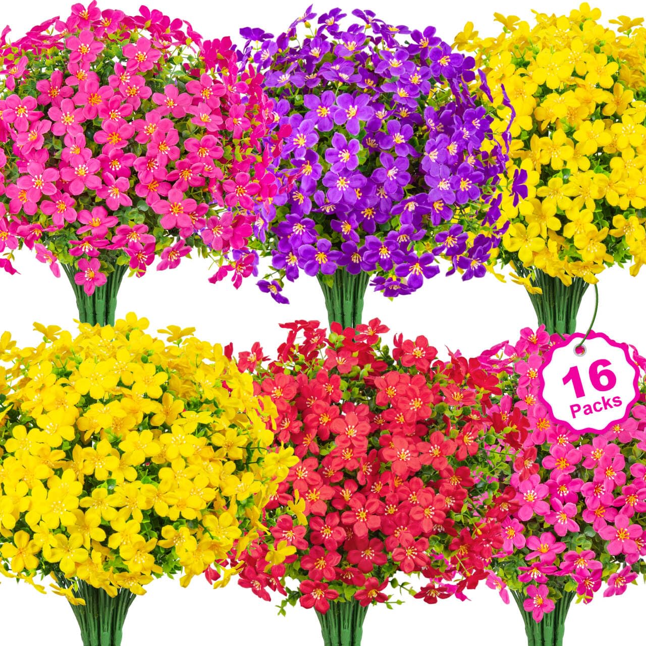 Besteek 16 Bundles Artificial Flowers for Outdoors Decoration Fake Silk Flowers UV Resistant Faux Plastic Plants for Spring Summer Garden Yard Porch