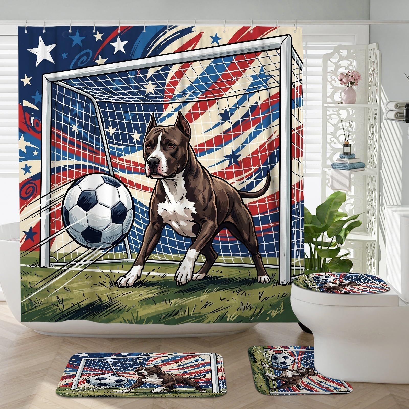 Rideau de douche motif chien pitbull avec tapis de toilette et de bain