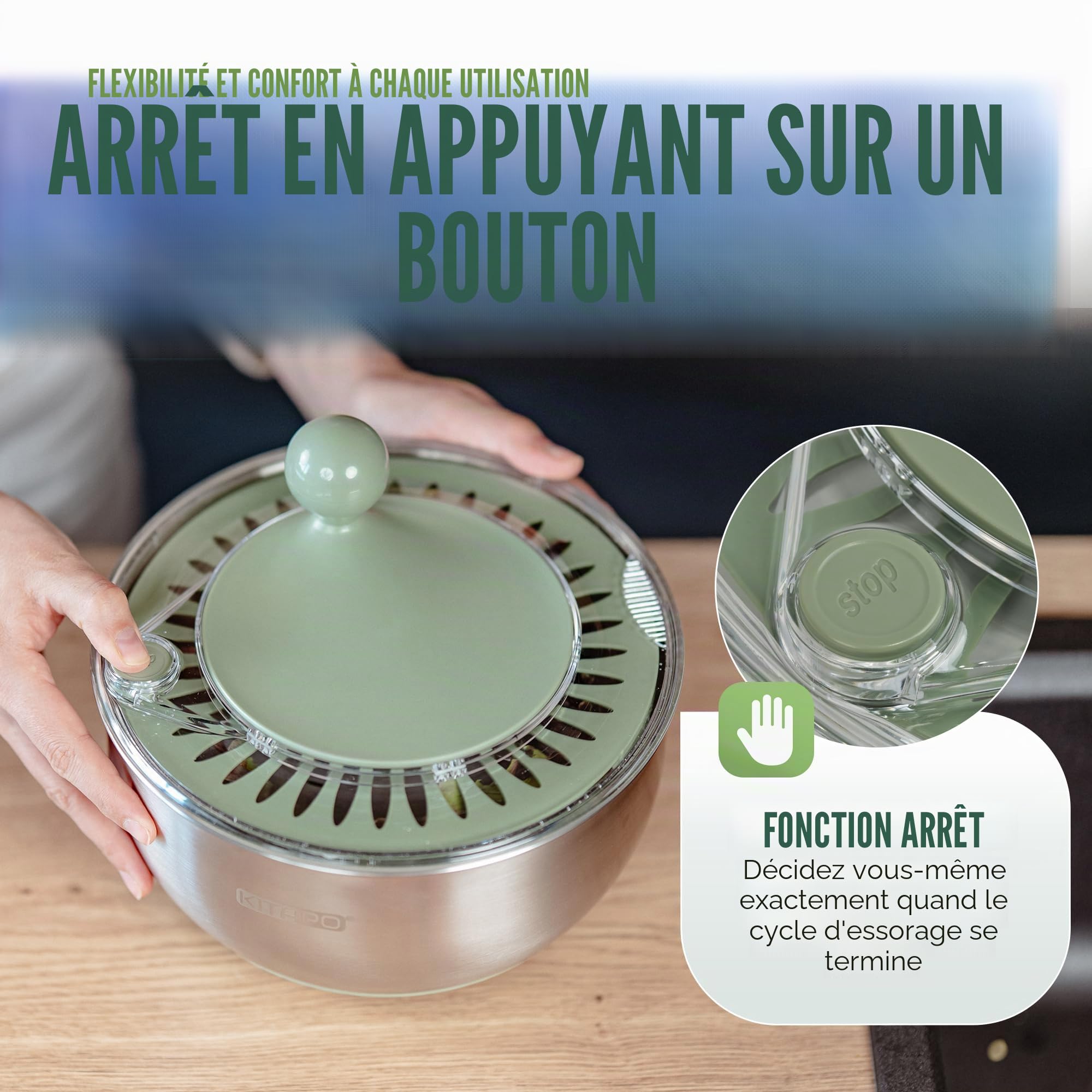Essoreuse à salade en acier inoxydable avec entraînement à manivelle [bol de service 2 en 1] 4,5 l [sortie d'eau, passe au lave-vaisselle, antidérapant] Salad Spinner Essoreuse à fruits