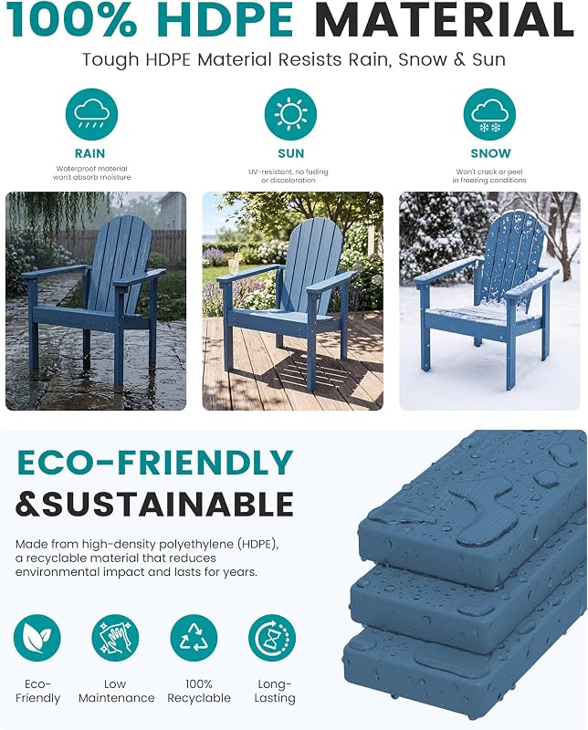 SERWALL HDPE Stackable Adirondack Chairs Set of 2,Space-Saving, Blue image 5