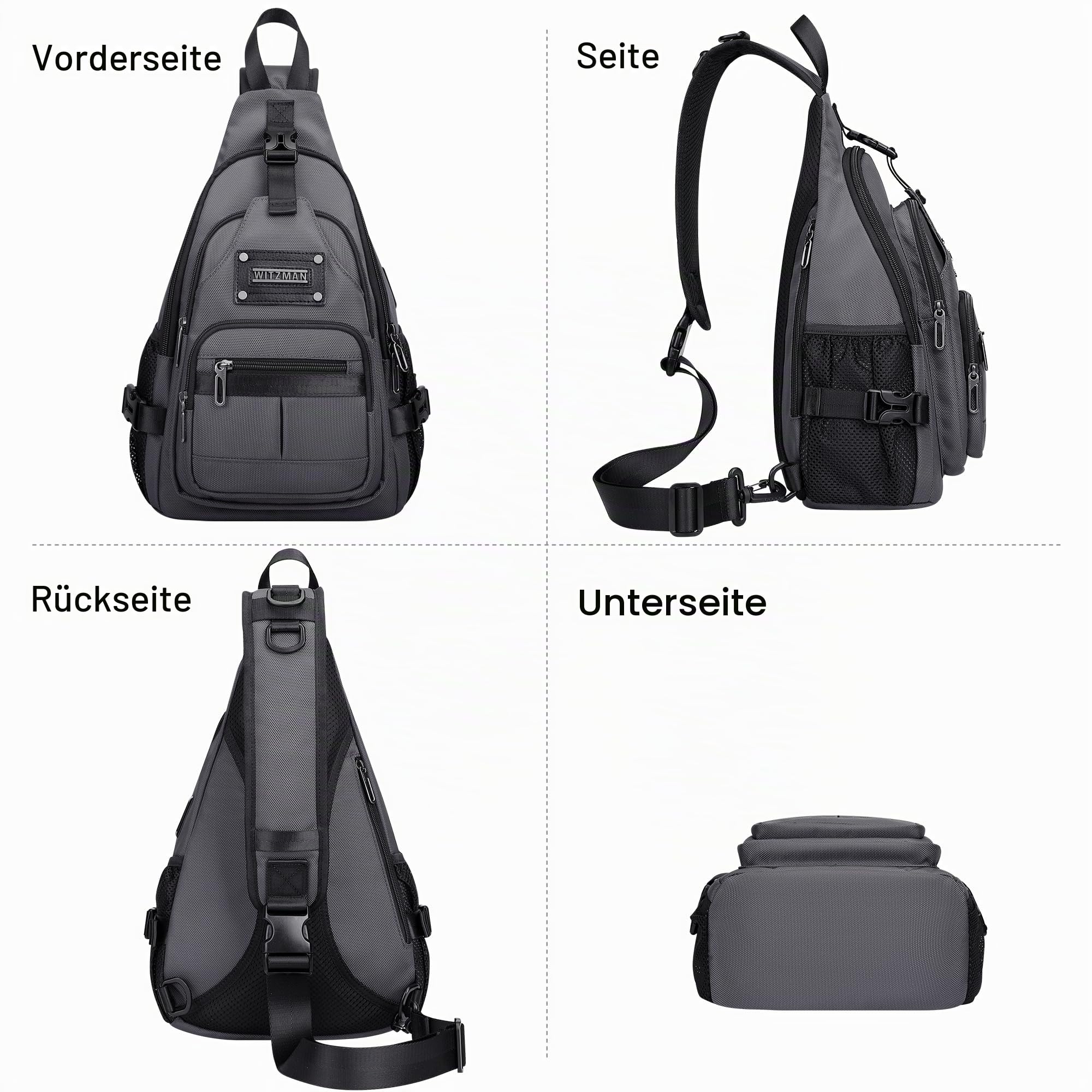 WITZMAN Umhängetasche für Herren 19L Reise Sling Bag mit USB-Ladeport