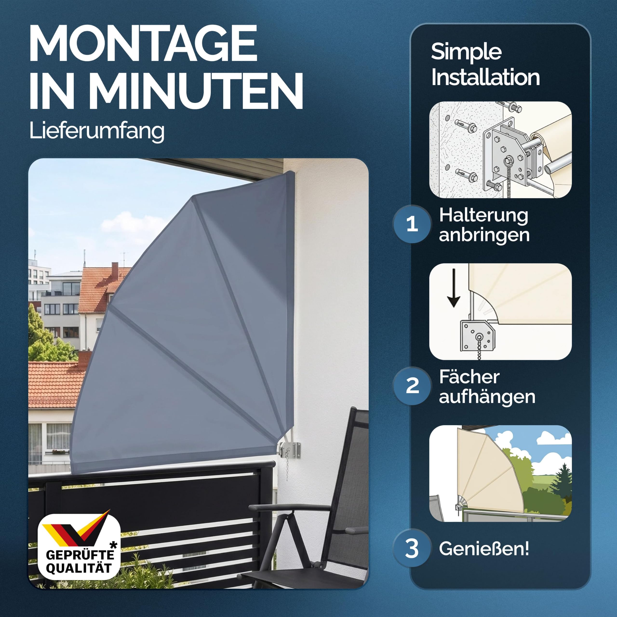 Detex® Balkonfächer Sichtschutz inkl. Abdeckung 140x140cm Wetterfest UV-beständig Faltbar Terrasse Seitenmarkise Sonnenschutz Wandhalterung Anthrazit