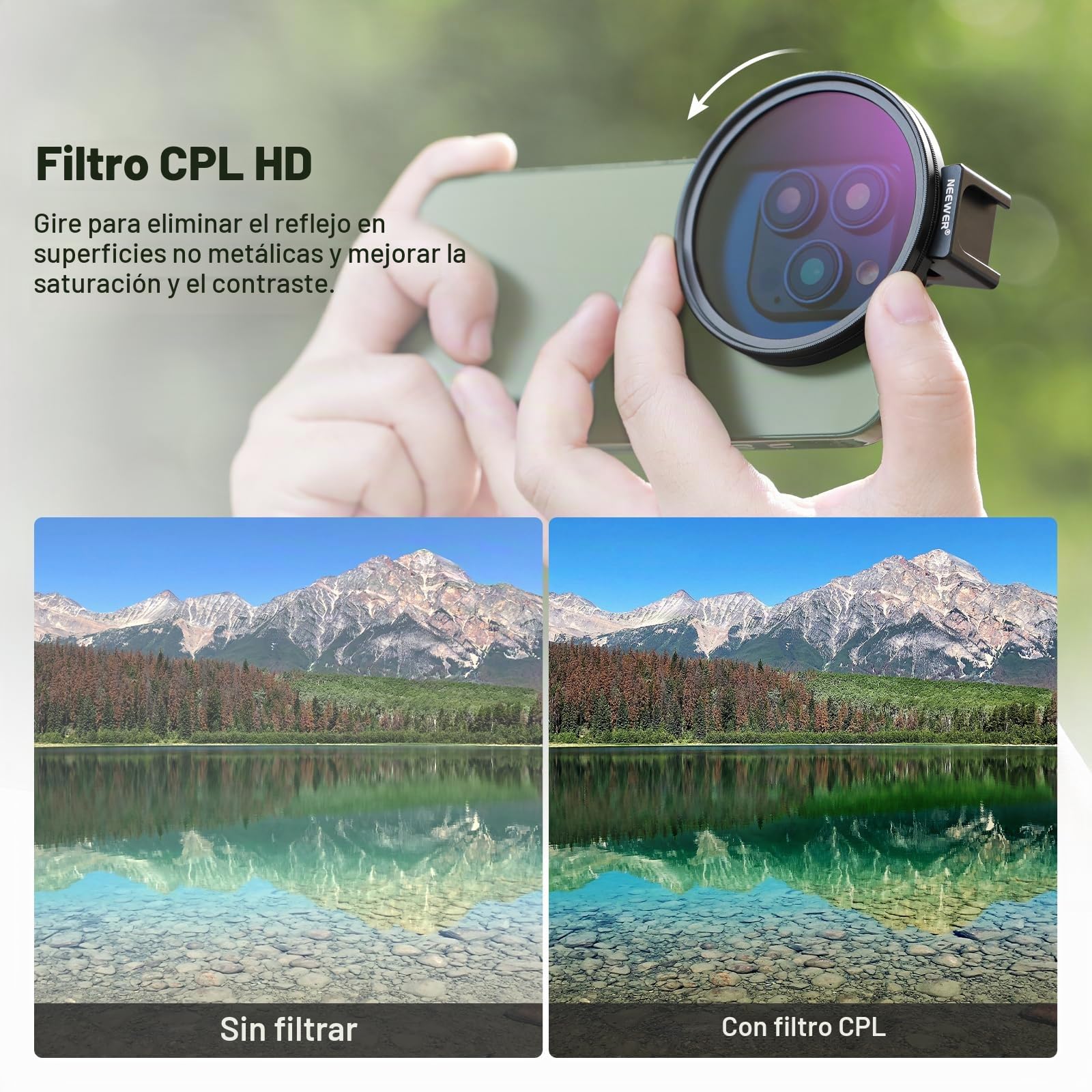 NEEWER Filtro CPL de 67 mm para teléfono, Filtro polarizador HD de 67 mm y Clip de teléfono de Zapata fría, Incluye Bolsa de Transporte y paño de Limpieza de Lentes, Compatible con Galaxy S24 Series