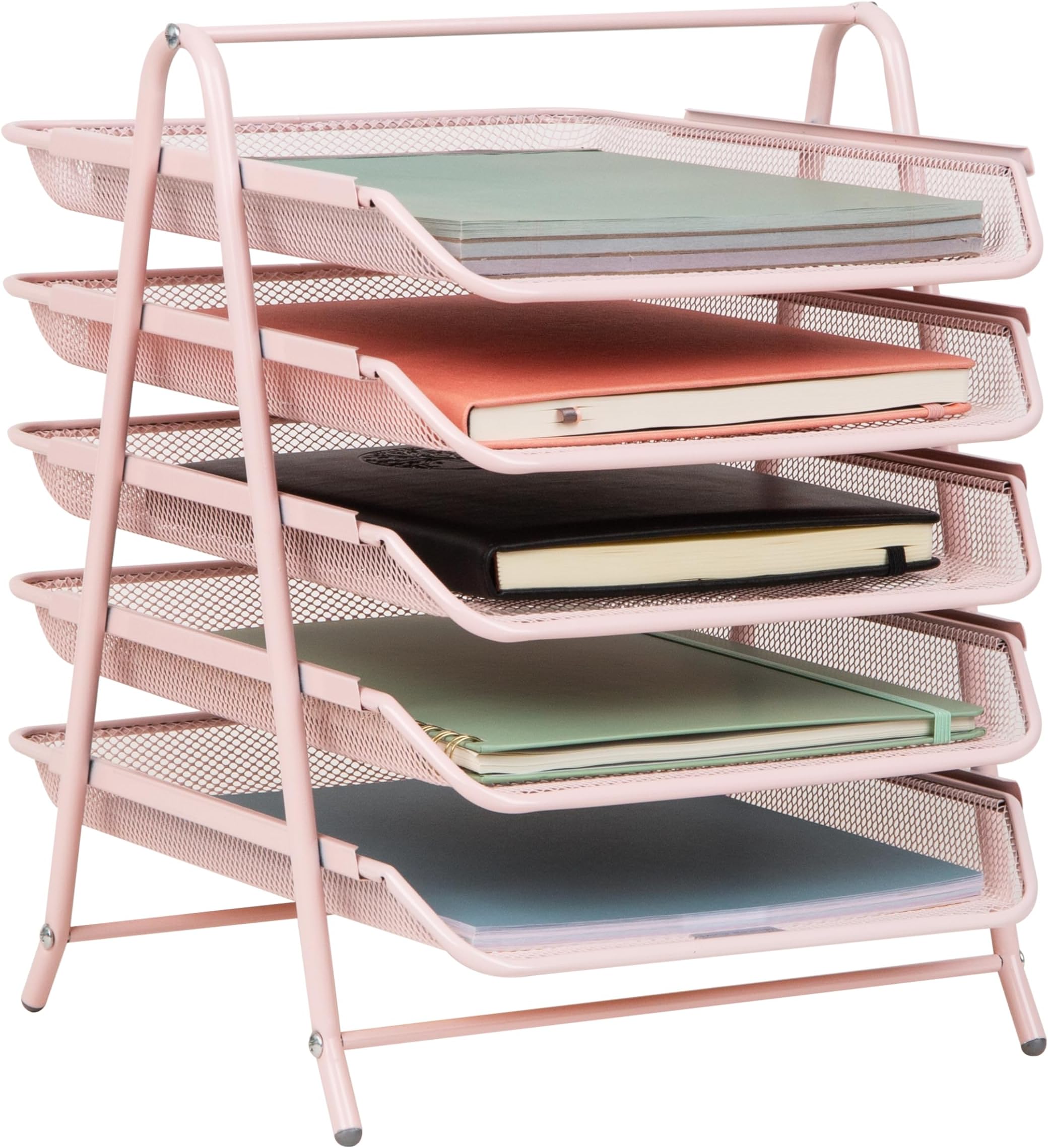 5-Tier Paper Tray Organizer, Vertical Desktop File Storage Rack, Office, Metal Mesh, Pink